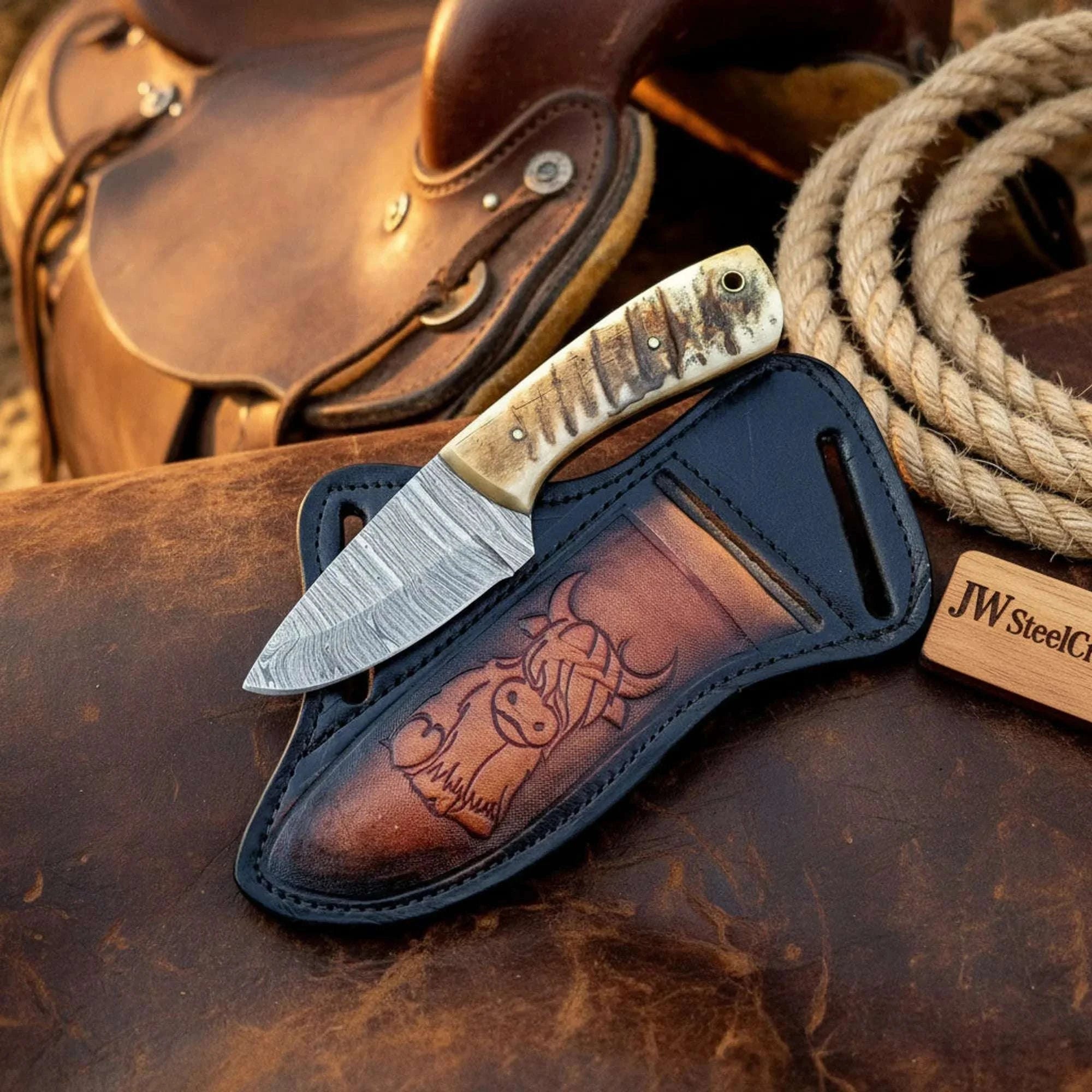 Palmarius Outdoors Handmade Damascus Steel Fixed Blade Skinner Knife 6" with Ram Horn Handle 