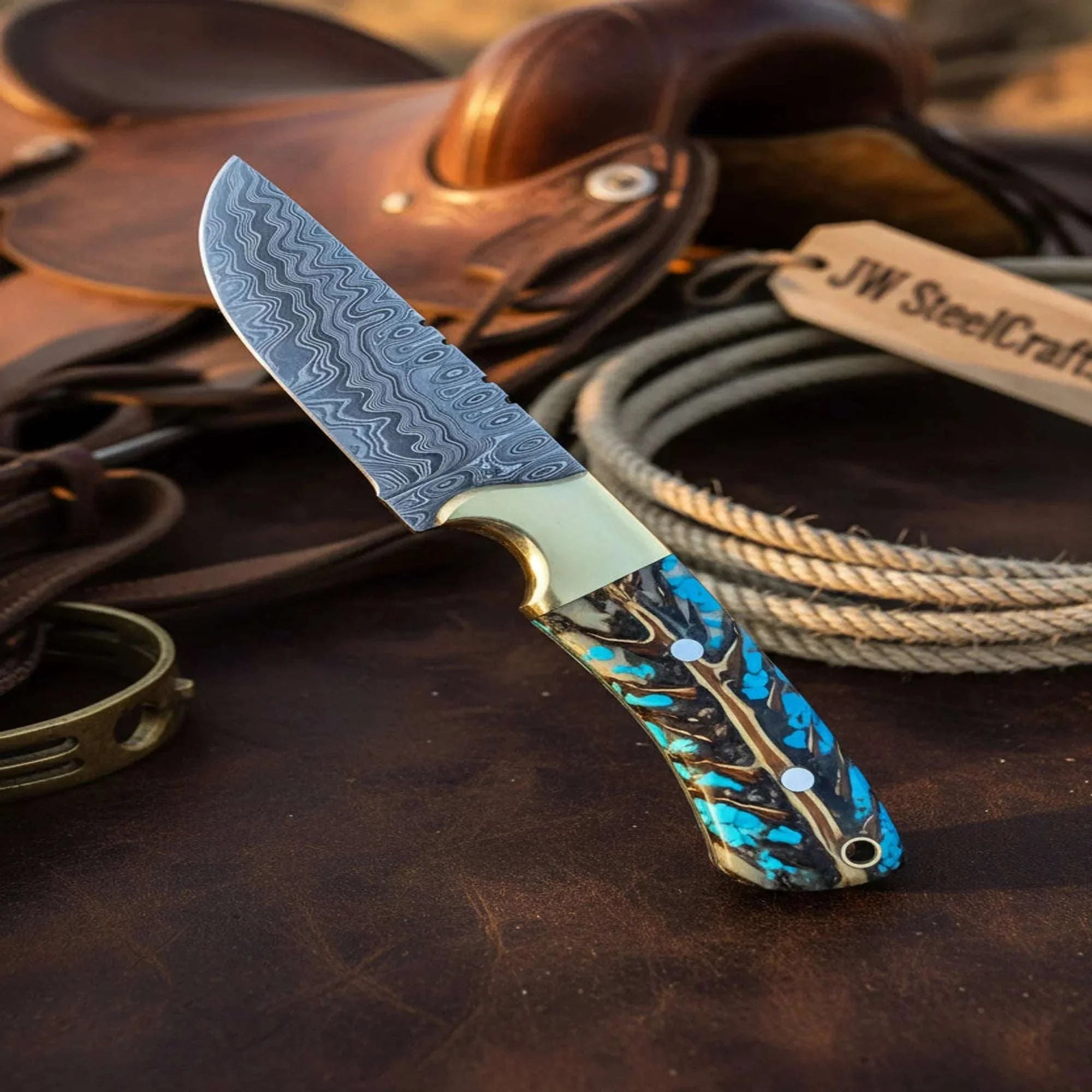 Palmarius Outdoors Sapphire Trail Skinner Cutter Knife 7" Blue Pinecone Handle Brass Bolster Full Tang Western Cowboy Hunting Knife