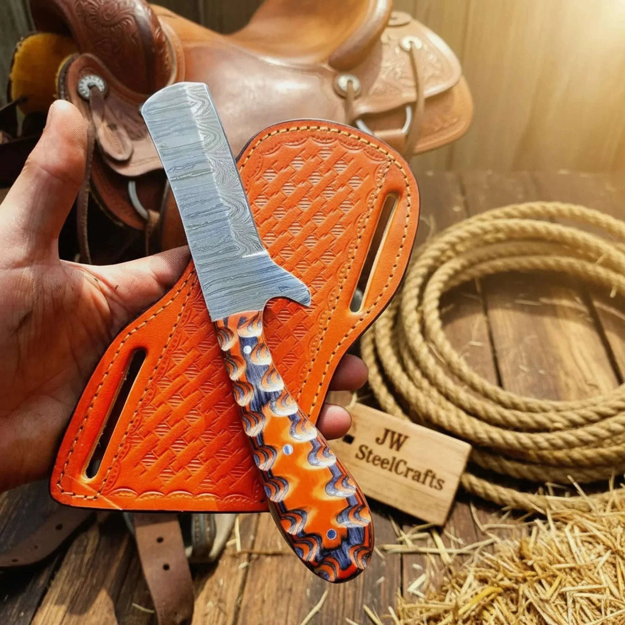 Palmarius Outdoors Damascus Straight Razor Knife with Multicolor Resin Handle Damascus Straight Razors