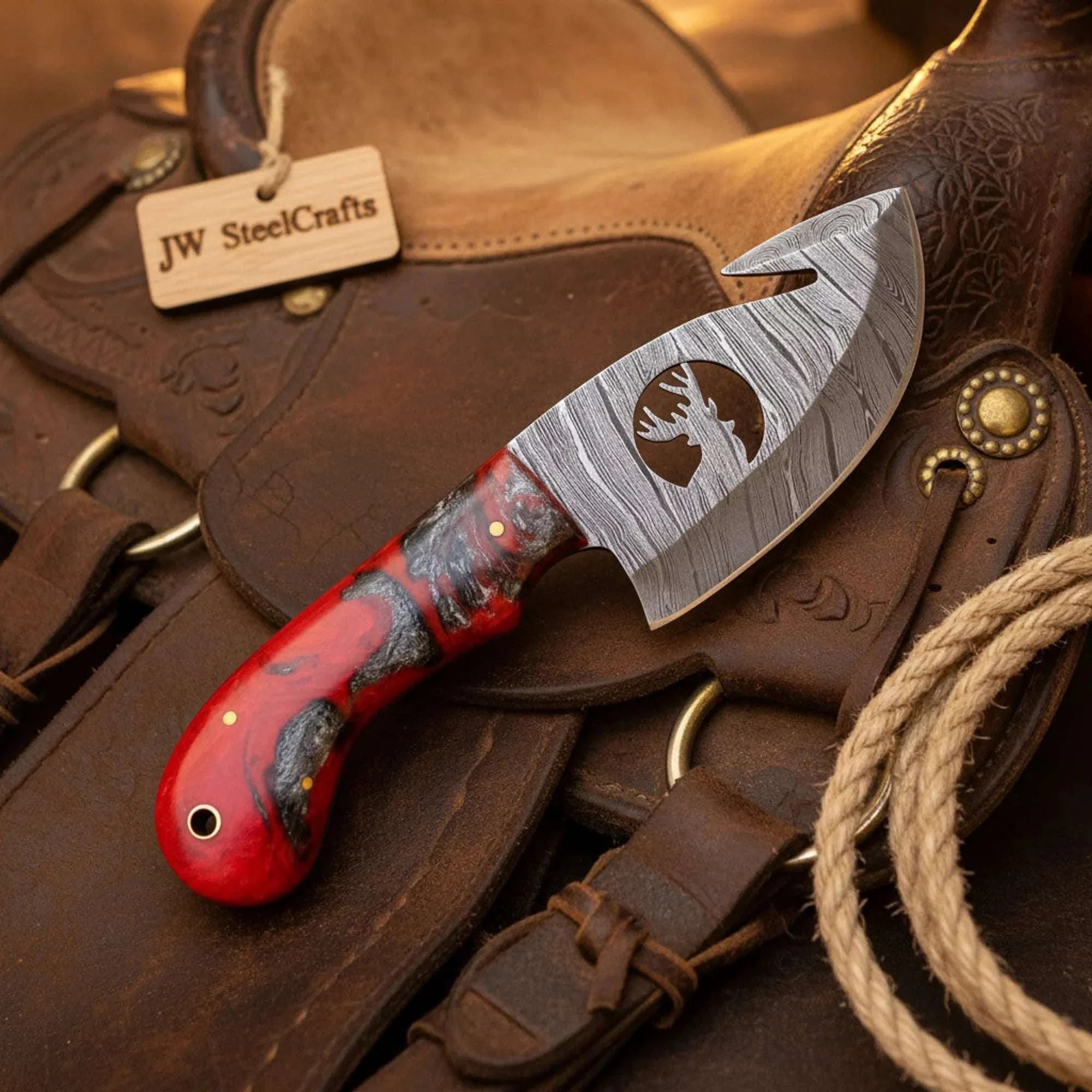 Palmarius Outdoors Deer Cutout Gut Hook Knife with Damascus Blade & Resin Handle Handmade Gut Hook Knives