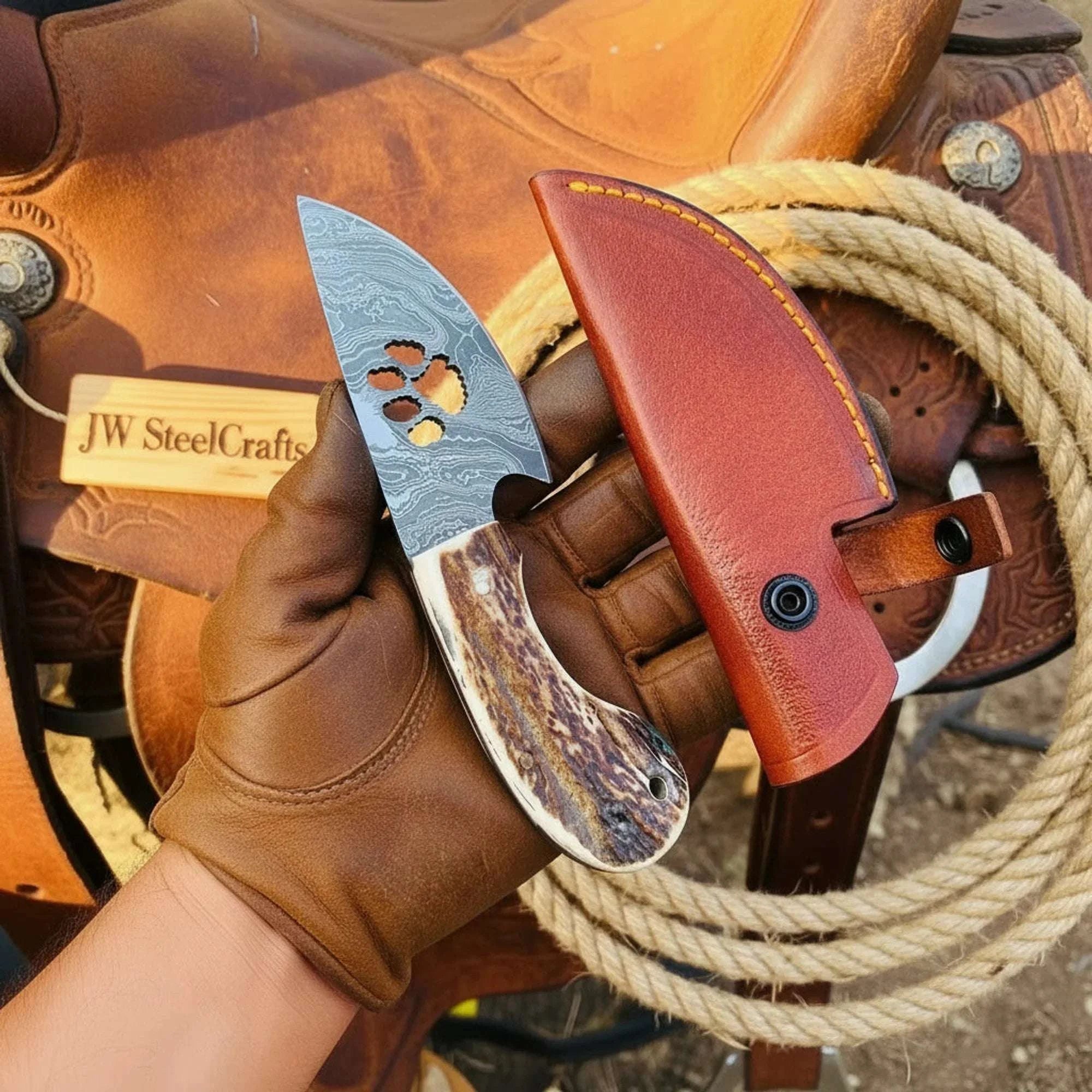 Palmarius Outdoors Damascus Bear Paw Skinner Knife 7" Stag Handle Paw Print Blade Skinner Knife