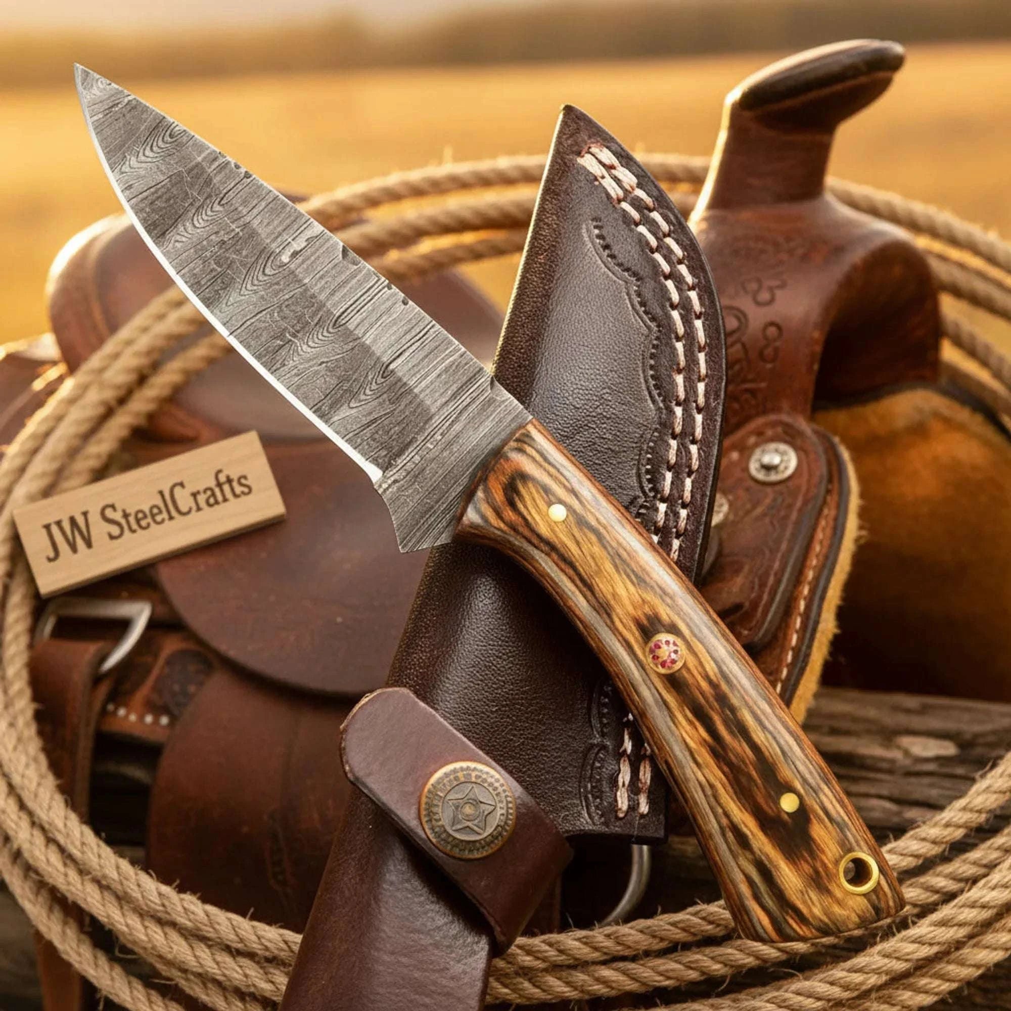 Palmarius Outdoors Vortex Zebrawood Hunter knife Pakka Wood Handle Full Tang Skinner Leather Sheath 8" 