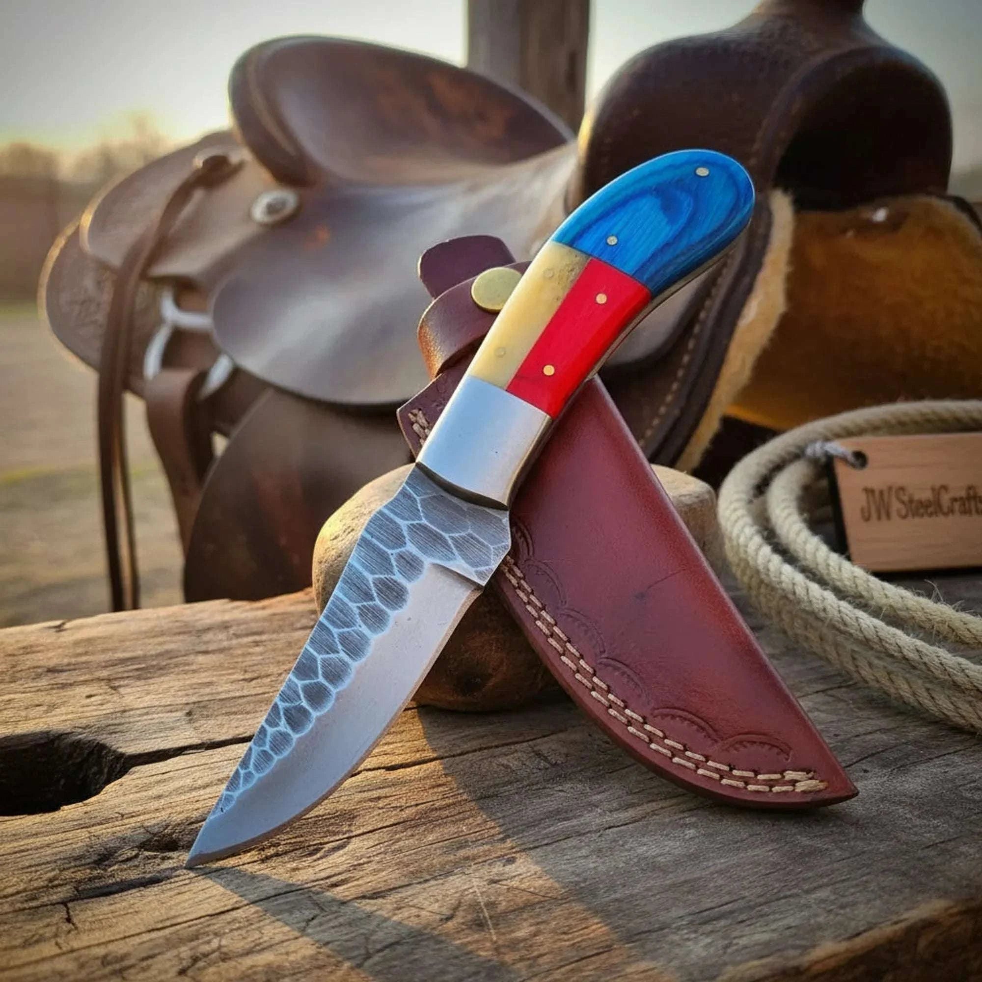 Palmarius Outdoors Texas Flag Hunting Knife with Hammered Carbon Steel Blade Hunting Knife