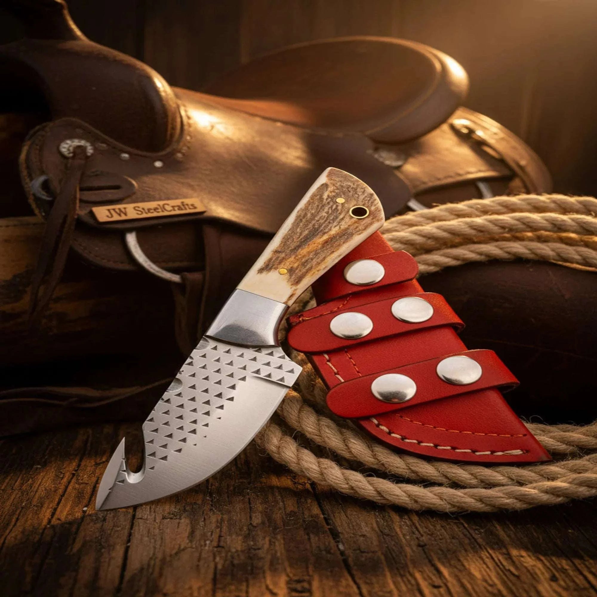 Palmarius Outdoors Rasp Steel Gut Hook Knife with Stag Horn Handle Handmade Gut Hook Knives