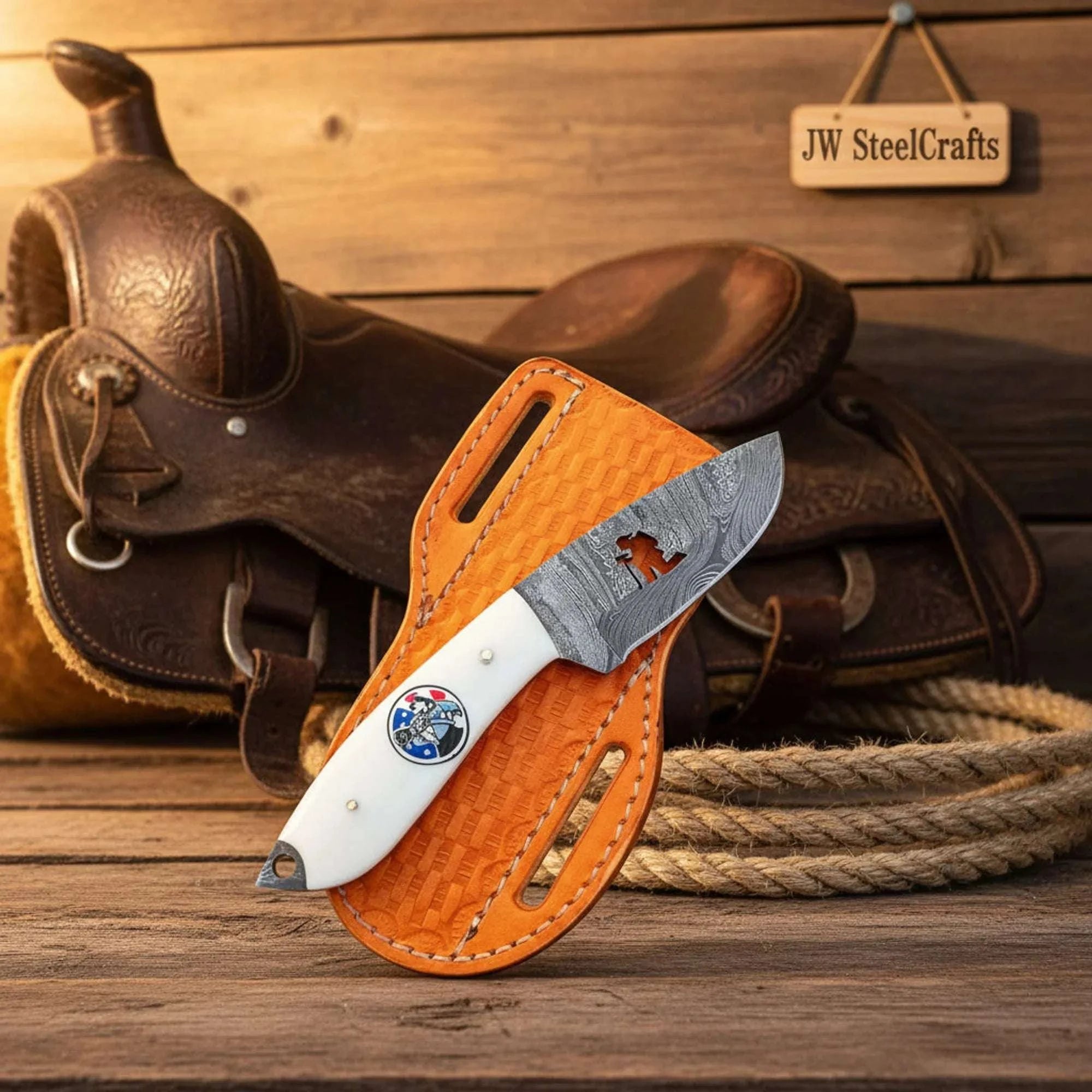 Palmarius Outdoors Custom Damascus Cross Draw Caper Knife Resin Handle Lanyard Hole Pancake Sheath 