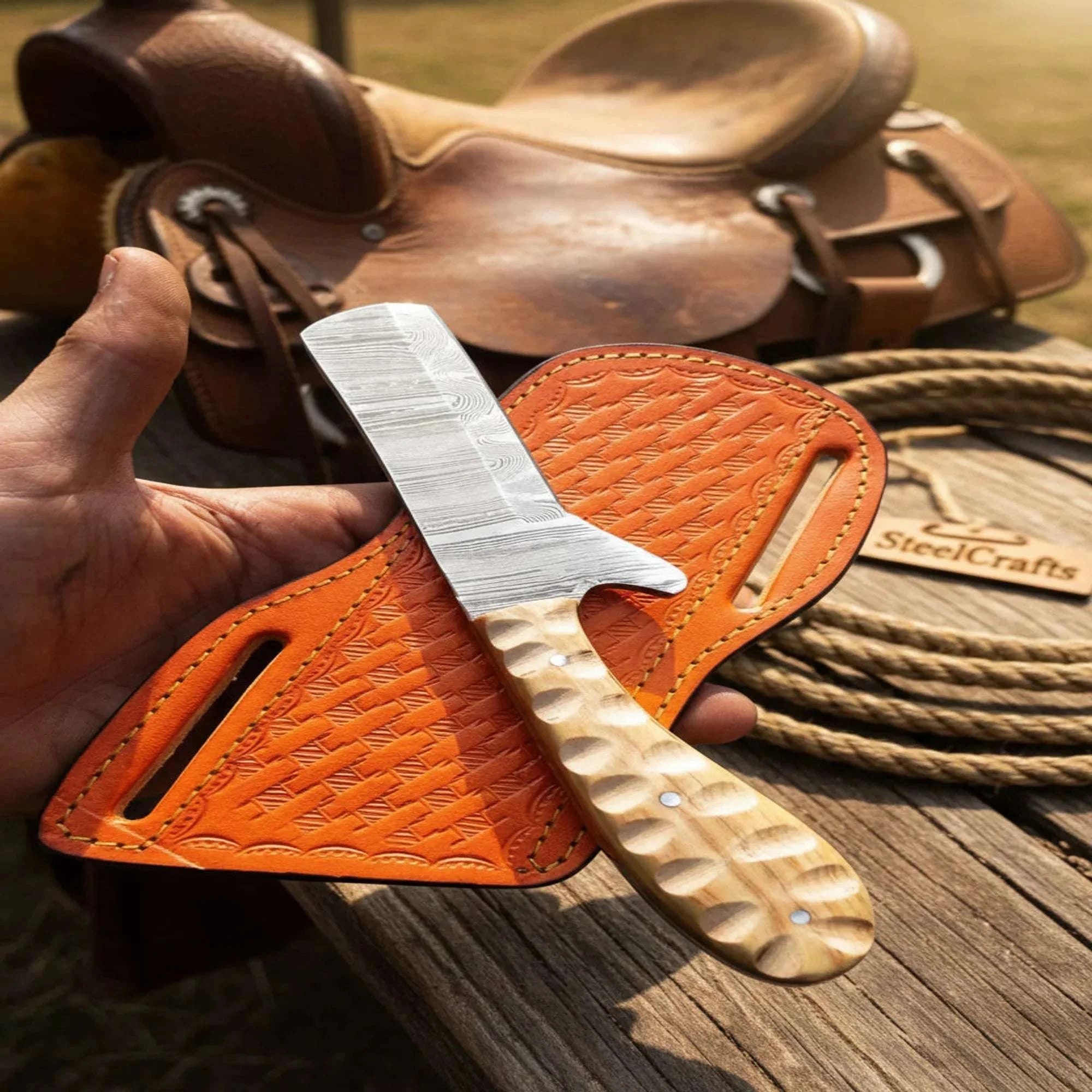 Palmarius Outdoors Razor-Edge Bull Cutter Knife with Carved Olive Wood Handle Hunting Knife