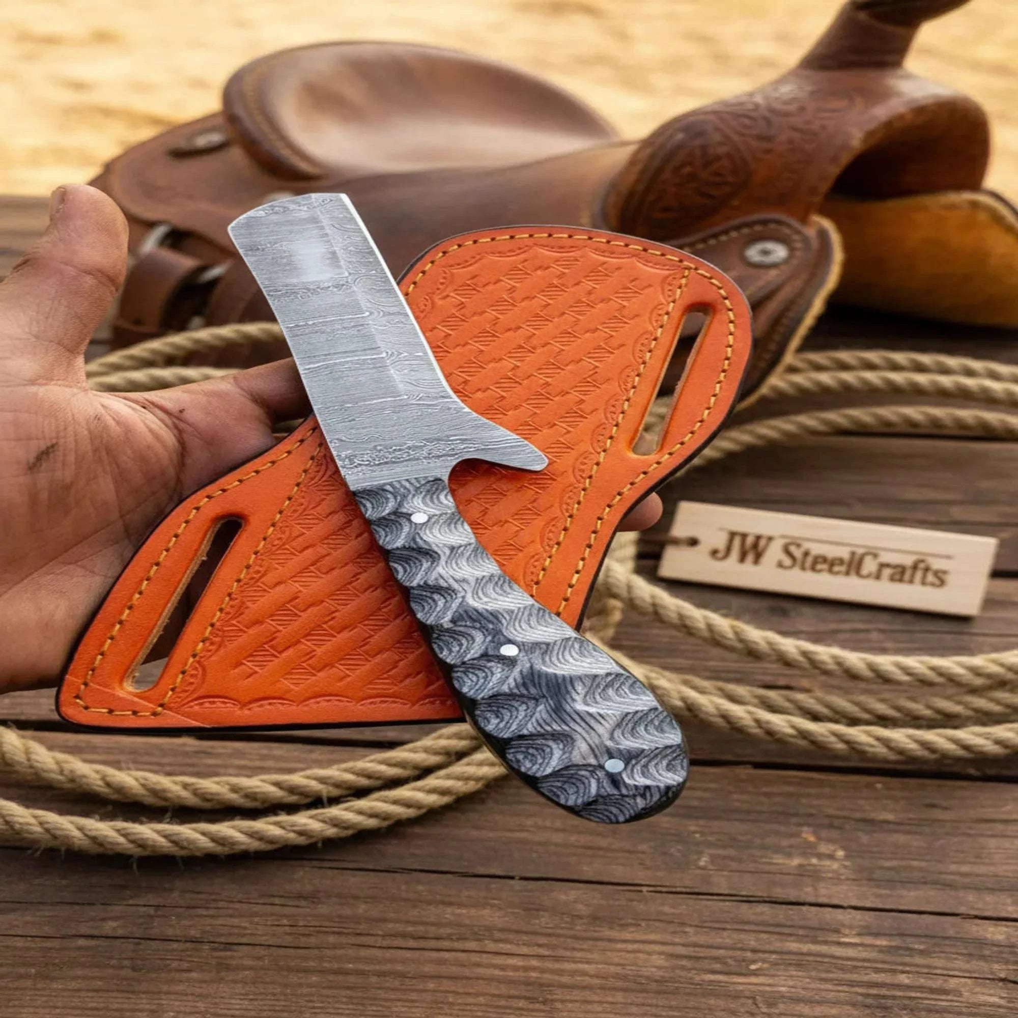 Palmarius Outdoors Damascus Straight Edge Cowboy Cleaver Knife 7" Pakka Wood Handle with Grooved Grip Chef Knife