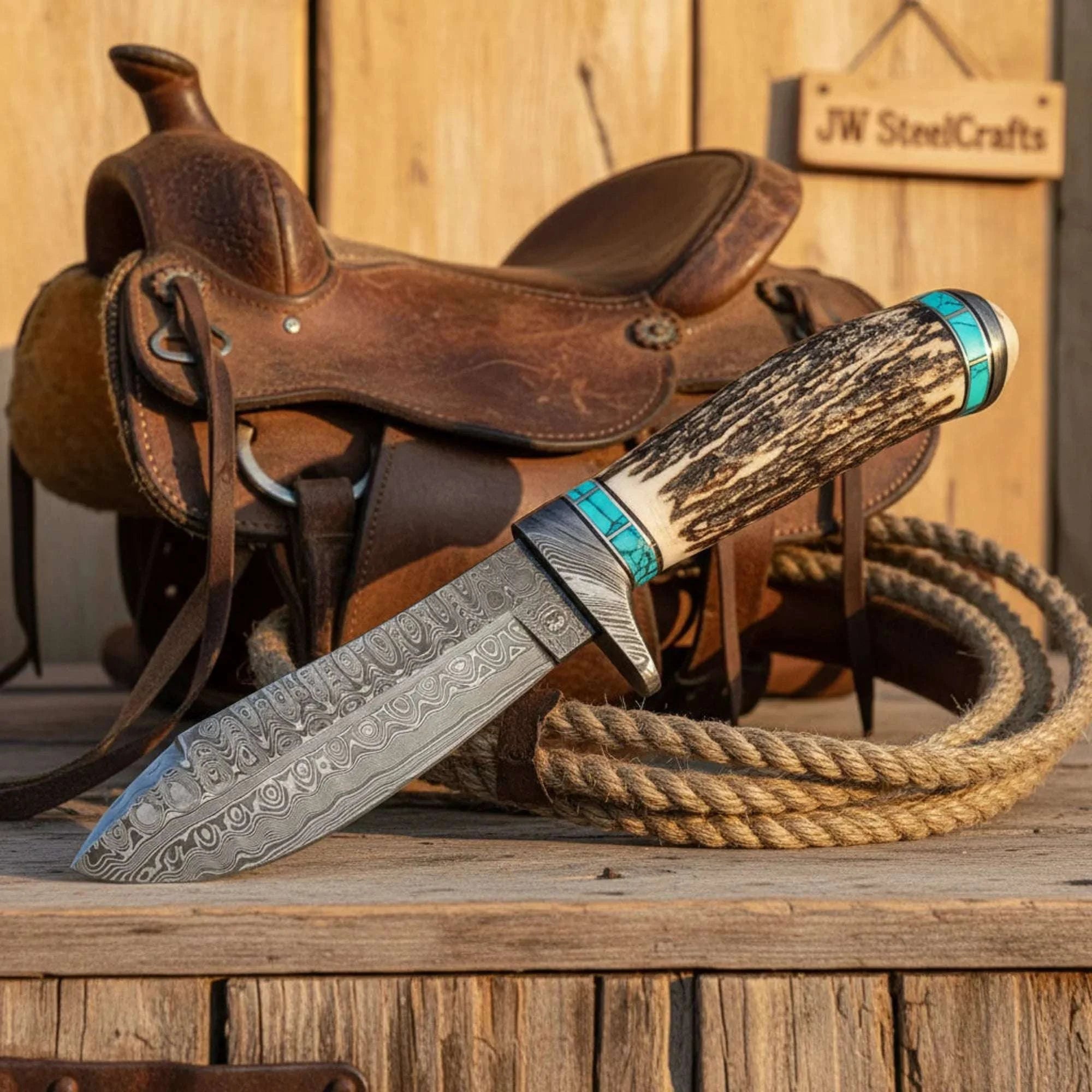 Palmarius Outdoors Persian Yuma Deer Antler Knife with Stag Horn and Turquoise Handle Hunting Knife