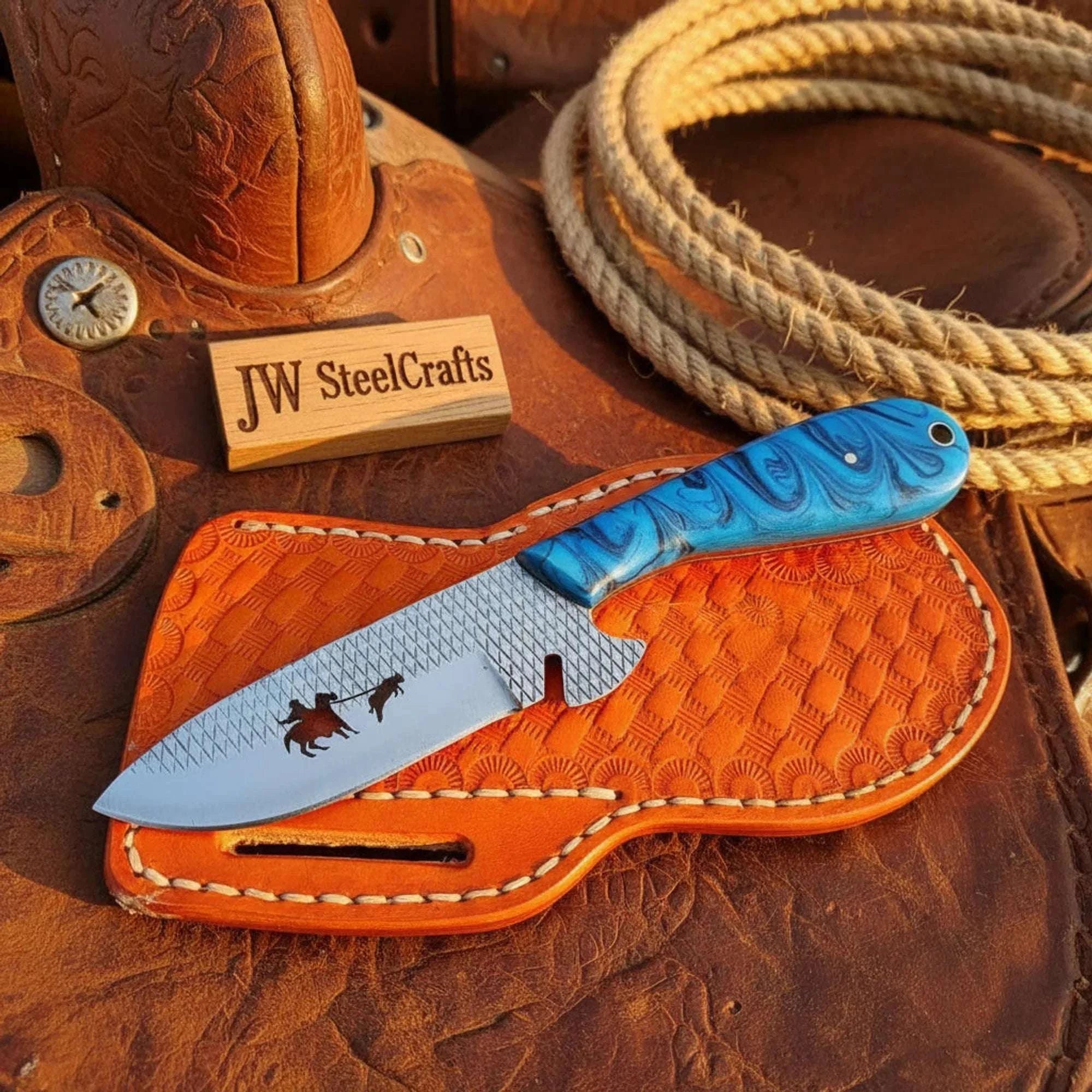 Palmarius Outdoors Azure Trail Cowboy Knife 8" Blue Resin Handle Full Tang Western Pancake Sheath Survival Knife