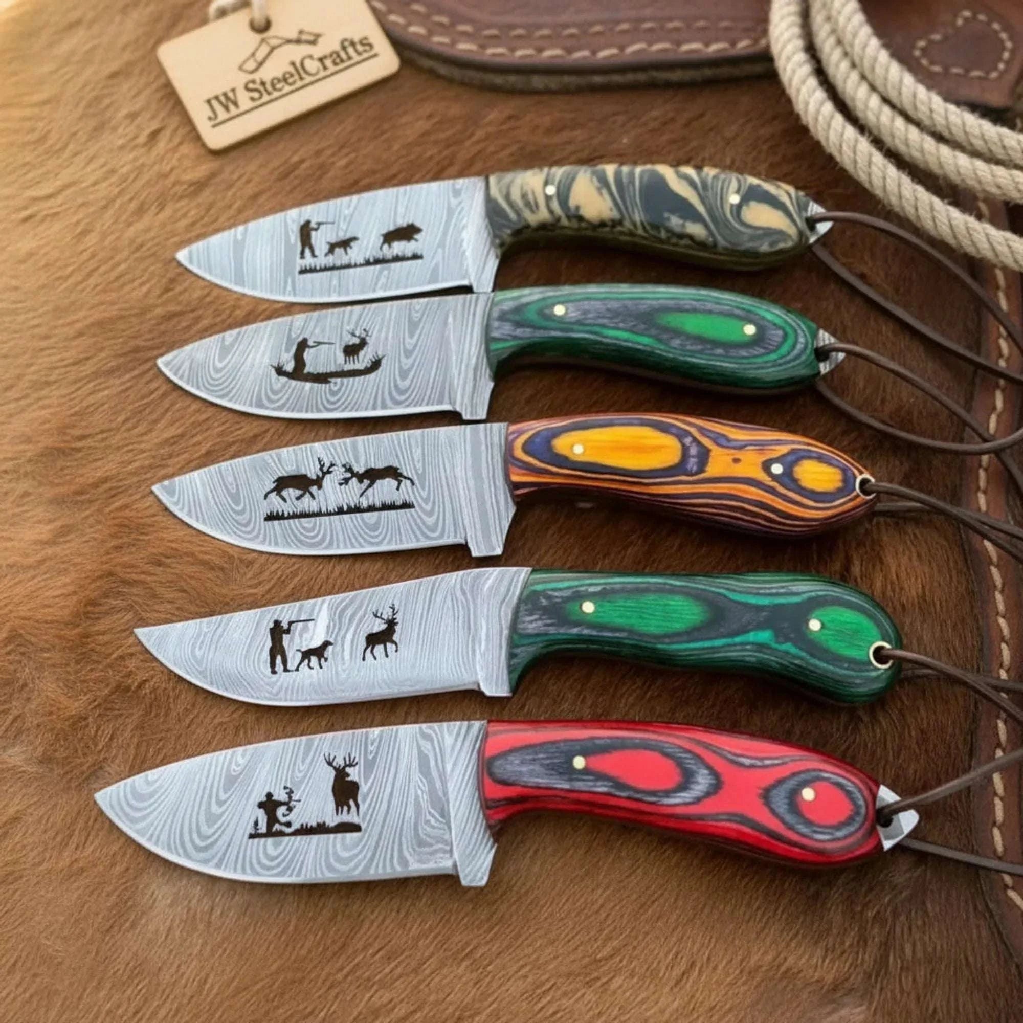 Palmarius Outdoors 5 Piece Damascus Skinner Knife Set with Engraved Blades and Multicolor Handles Skinner Knife