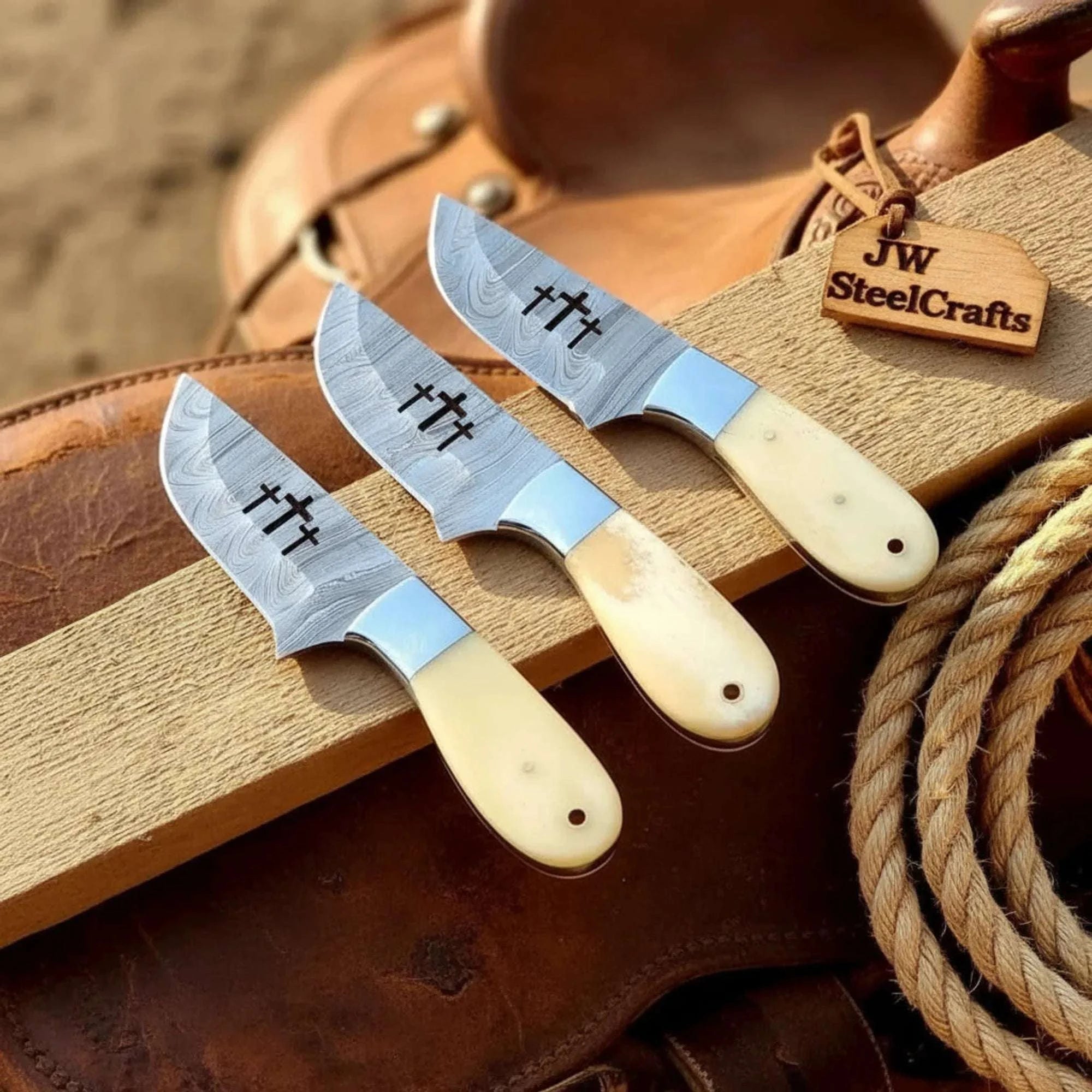 Palmarius Outdoors Triple Cross Ivory Damascus Hunter Knife Set with Camel Bone Handles Hunting Knife