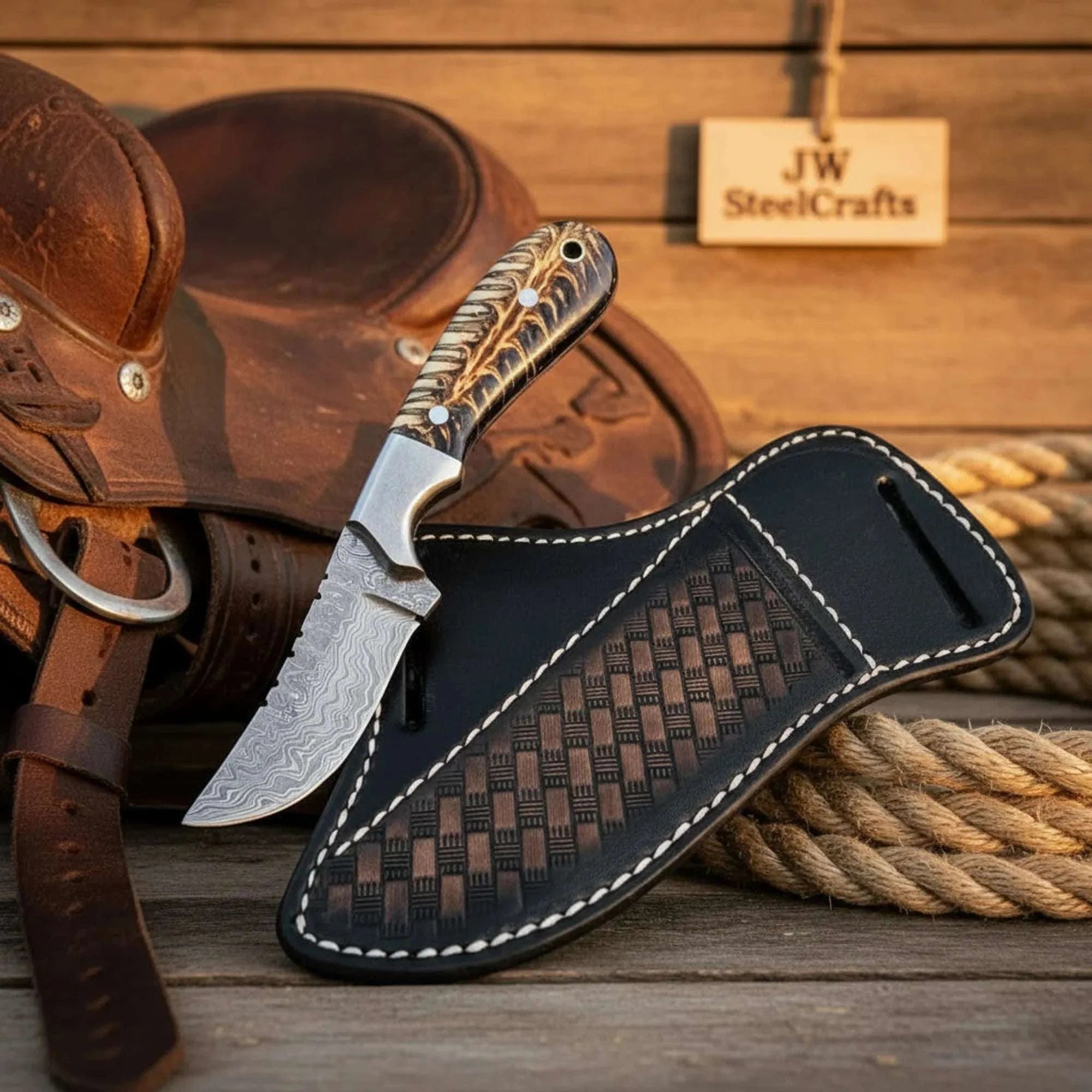 Palmarius Outdoors Luxury Hand-Forged Damascus Cowboy Knife 