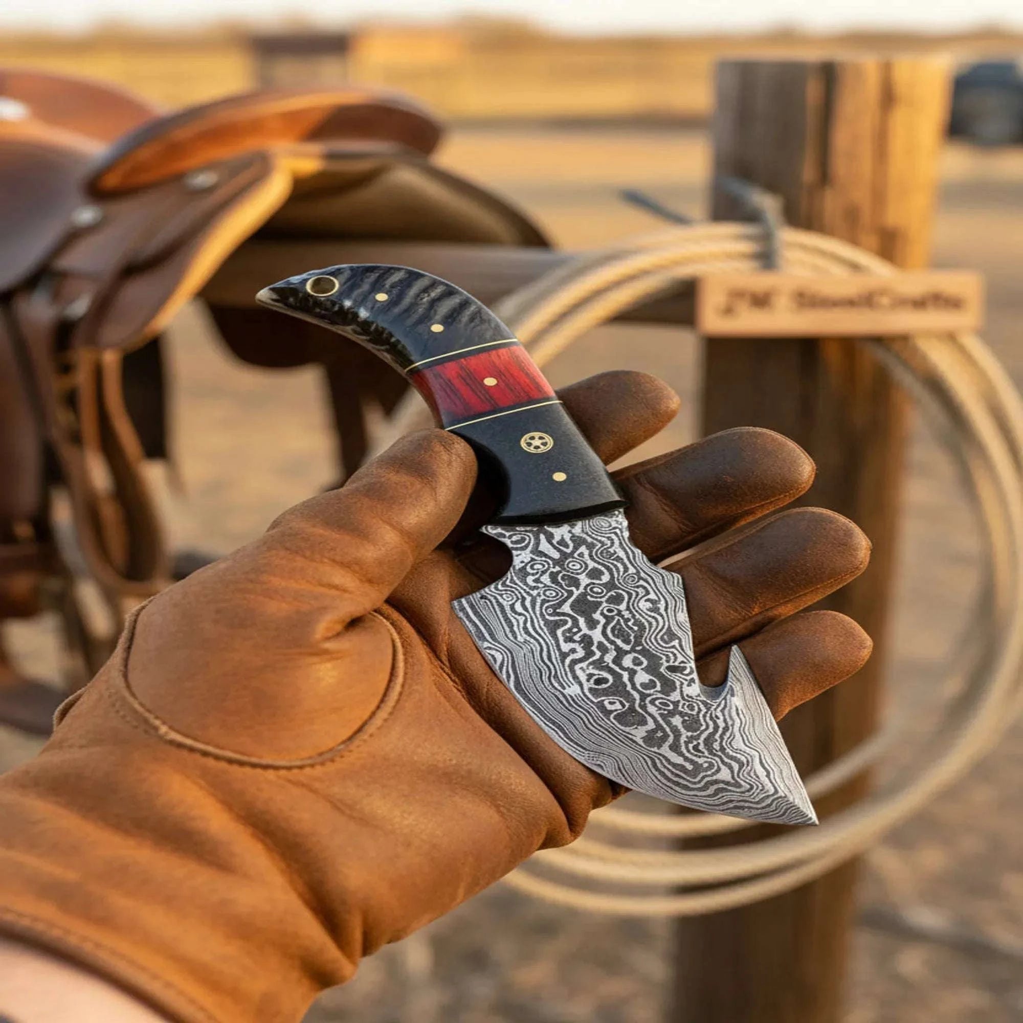 Palmarius Outdoors Damascus Steel Tracker Knife 7" Red & Black Wood Handle 