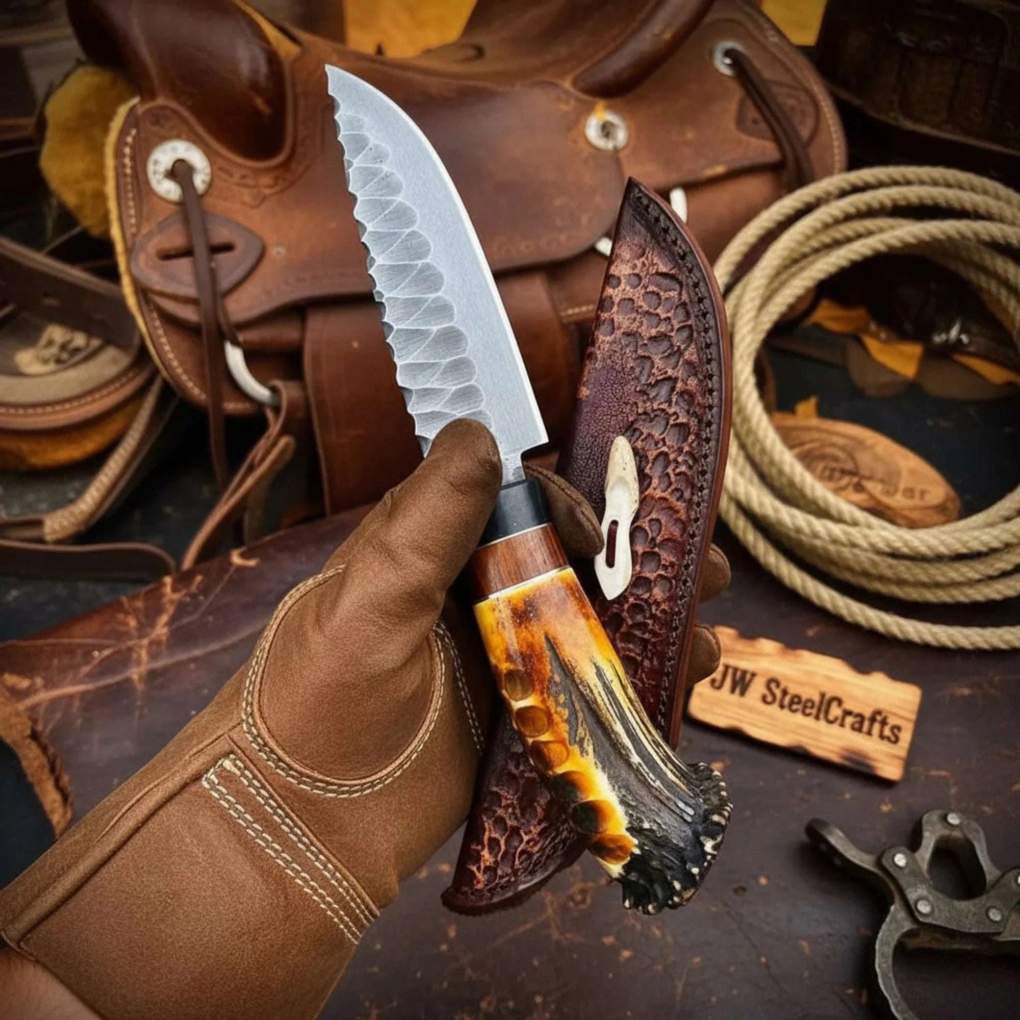 Palmarius Outdoors Hammer-Forged Scalloped Skinner Knife with Carbon Steel Blade Skinner Knife