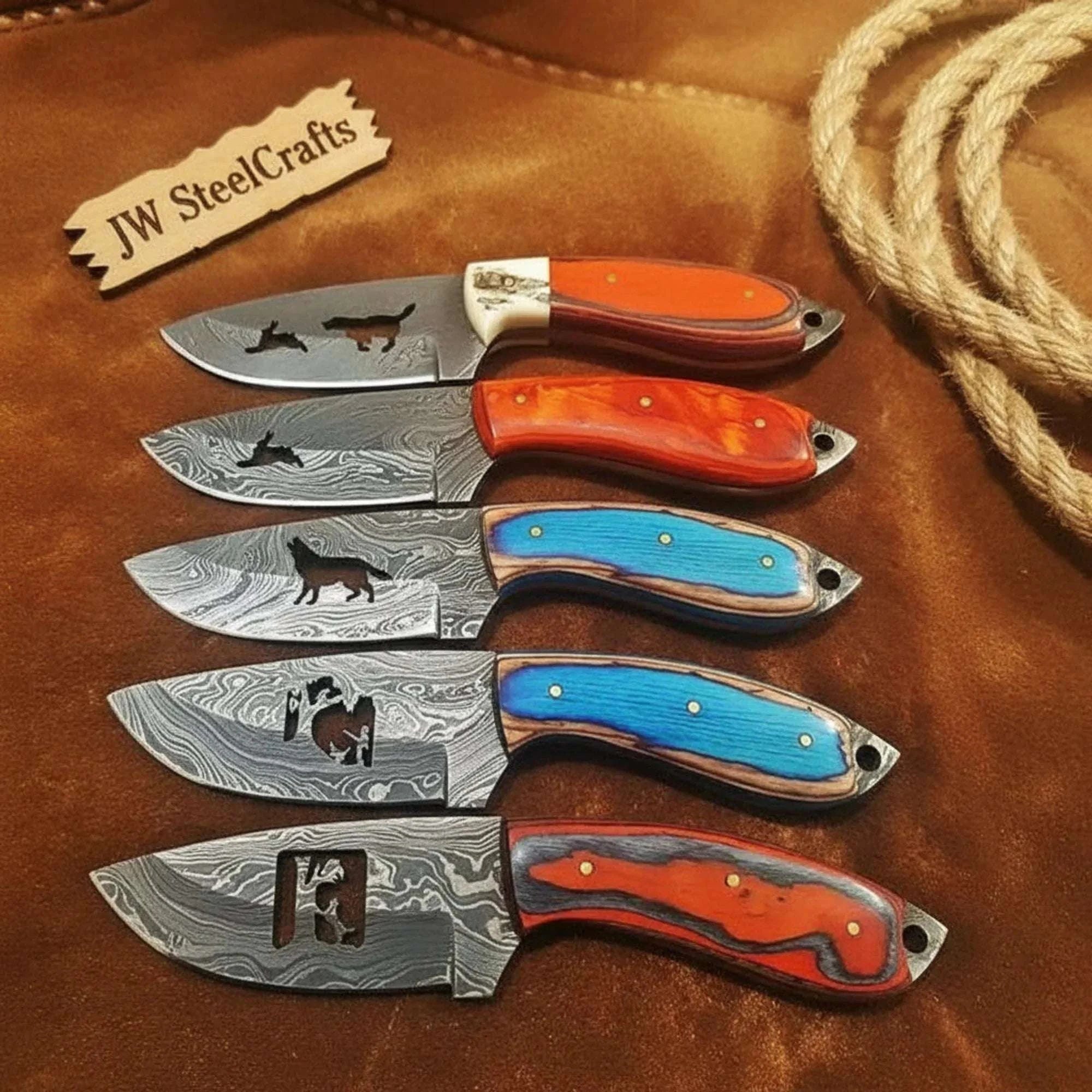 Palmarius Outdoors 5 Piece Wire Cutout Skinner Knife Set with Colored Wood and Resin Handles Skinner Knife