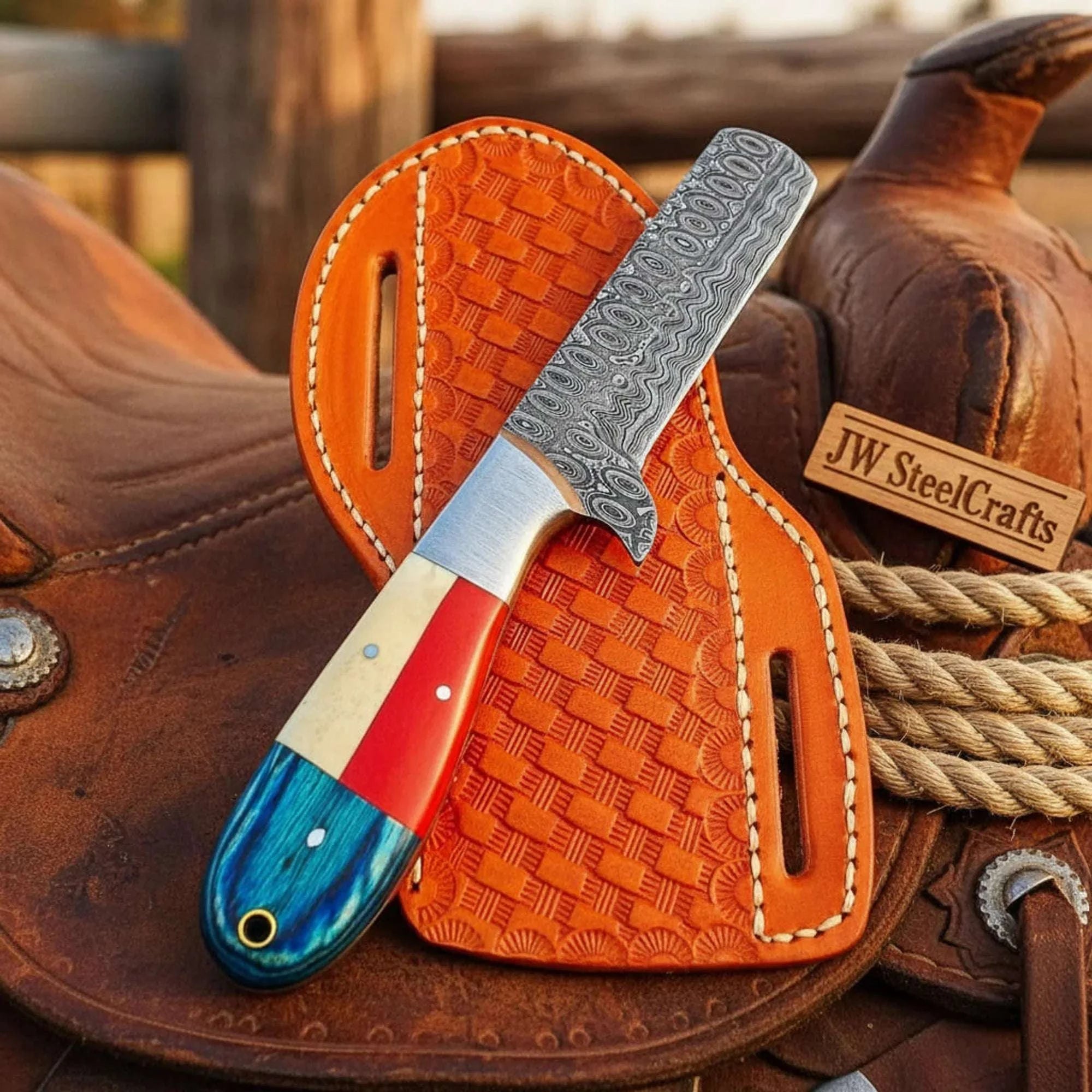 Palmarius Outdoors Texas Flag Cowboy Bull Cutter Knife with Twist Damascus Blade Pattern Tracker Knife