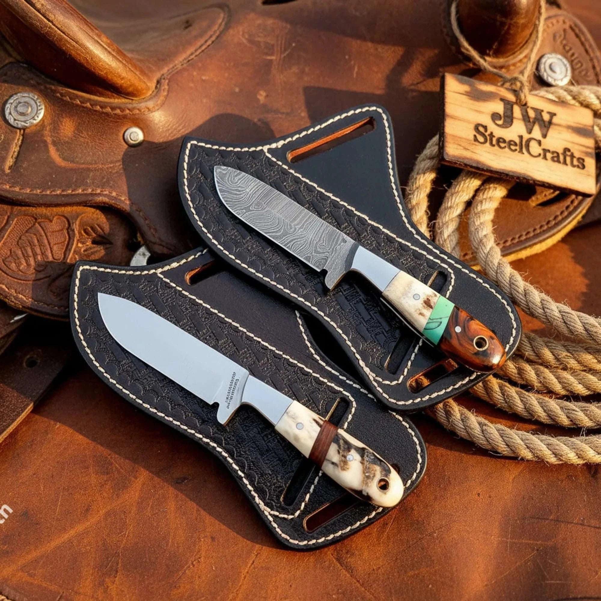 Palmarius Outdoors Cross-Draw Ranch Knife Combo with Carbon and Damascus Steel Blades Hunting Knife