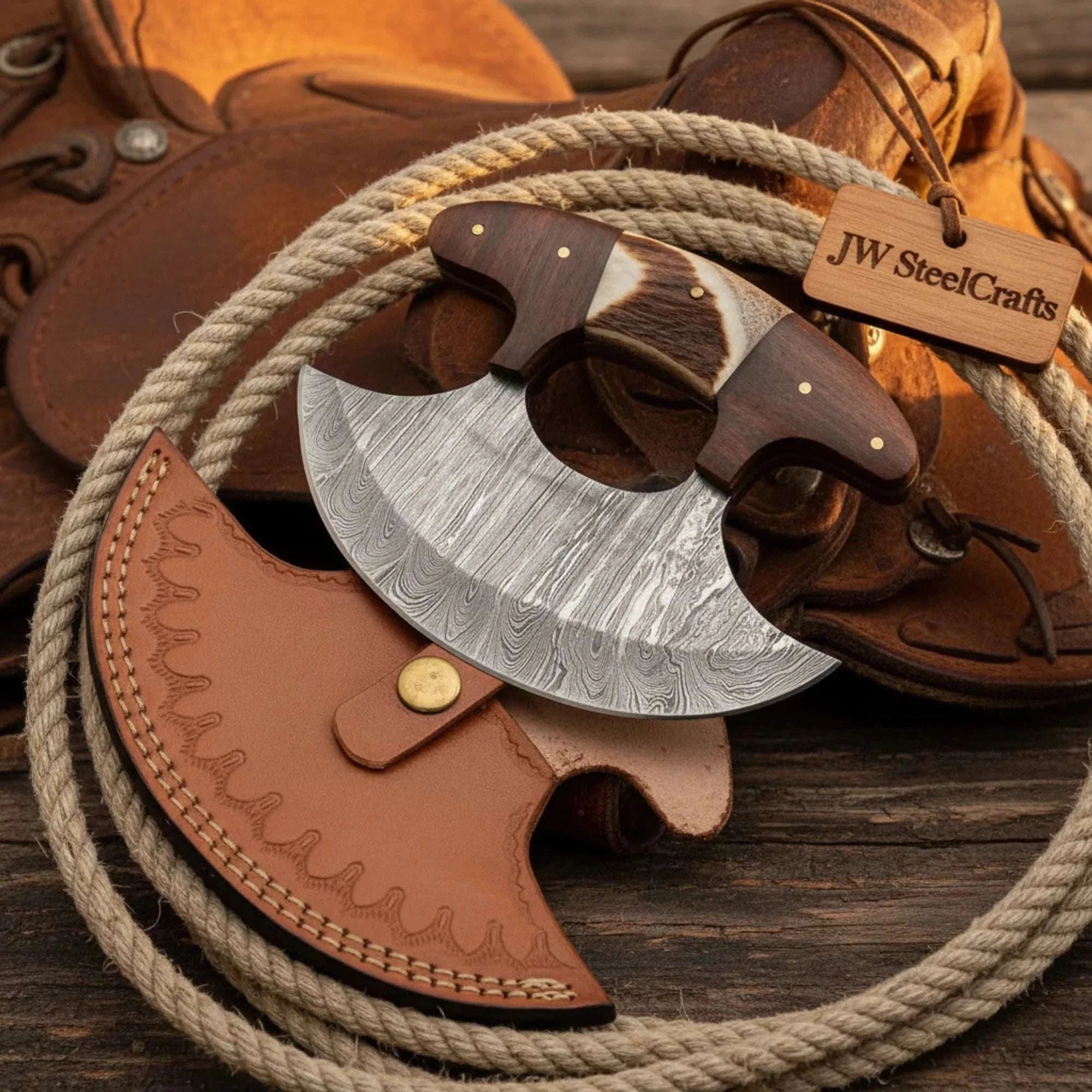 Palmarius Outdoors T-Handle Stag and Wood Ulu Knife with Damascus Blade Ulu knife