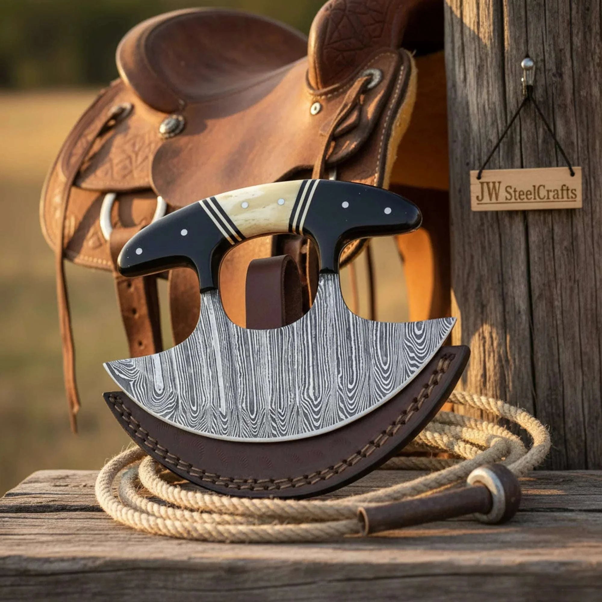 Palmarius Outdoors Handmade Damascus Ulu Knife 4" Camel Bone Resin Handle 