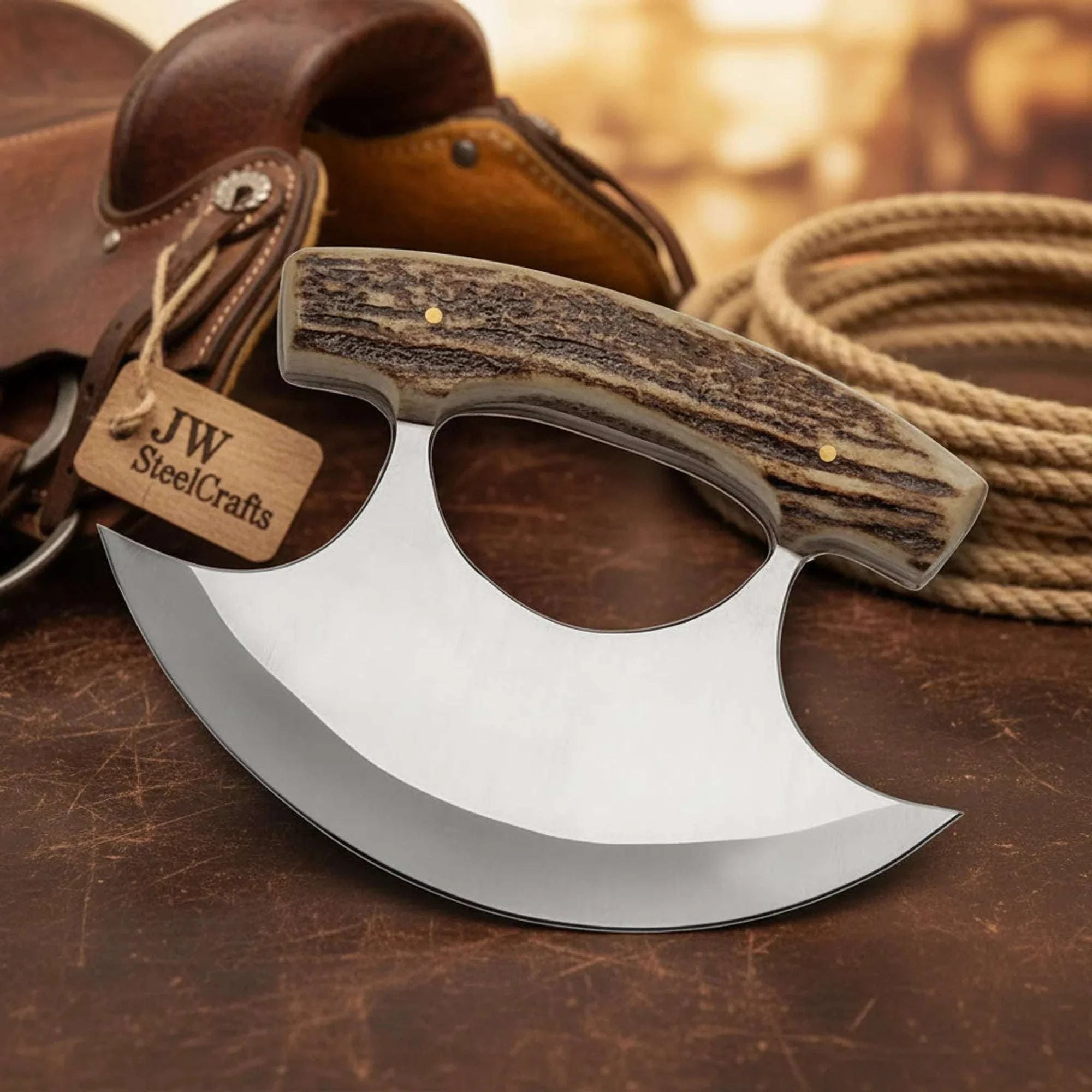 Palmarius Outdoors Stag Handle Bering Ulu Knife with High Polish Steel Blade Skinner Knife