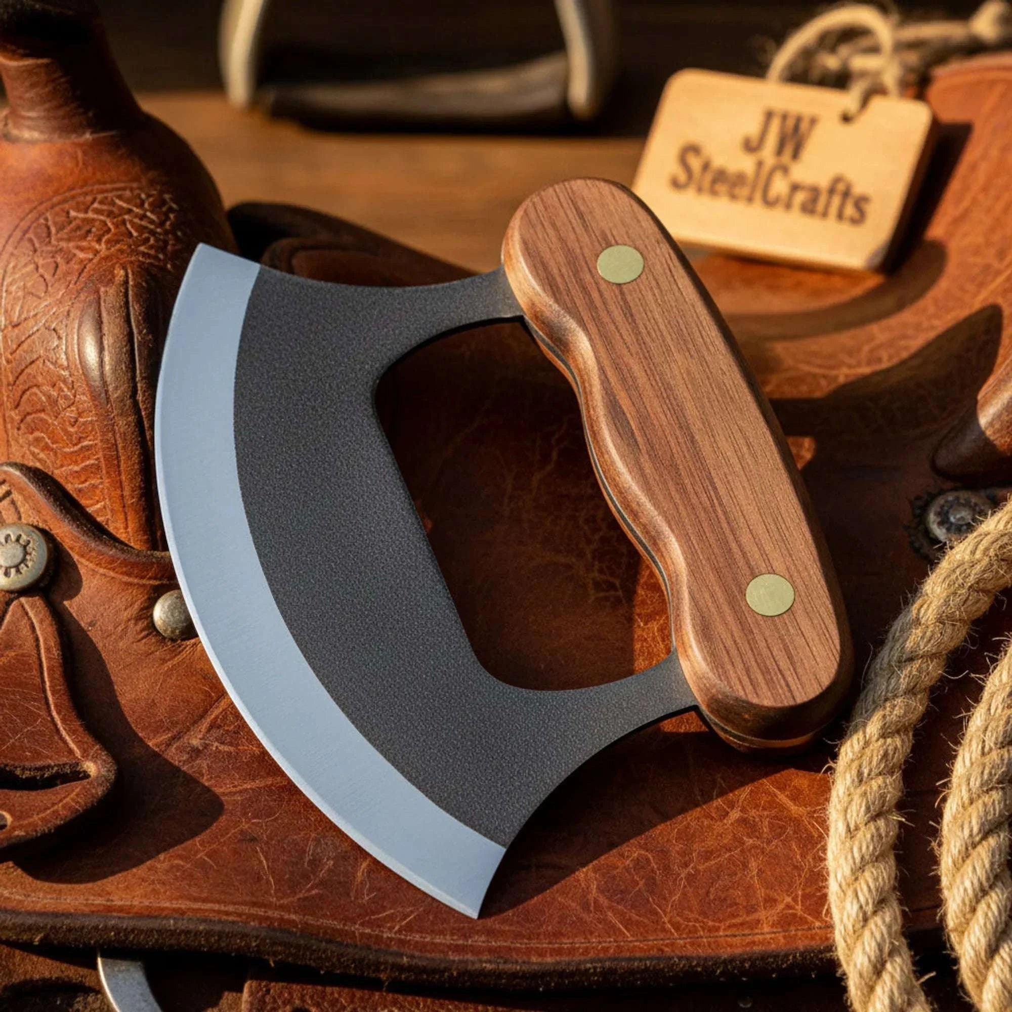 Palmarius Outdoors Handmade Carbon Steel Mezzaluna Knife, Wood Handle, Kitchen Chopper Blade 