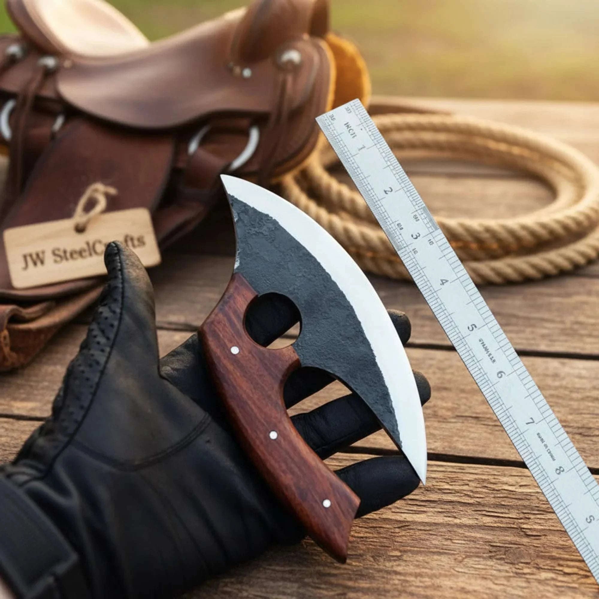 Palmarius Outdoors Custom Handmade Western Bull Cutter Knife Bull Cutter & Ulu Ram Horn Handle Cross Pouch Skinner Knife