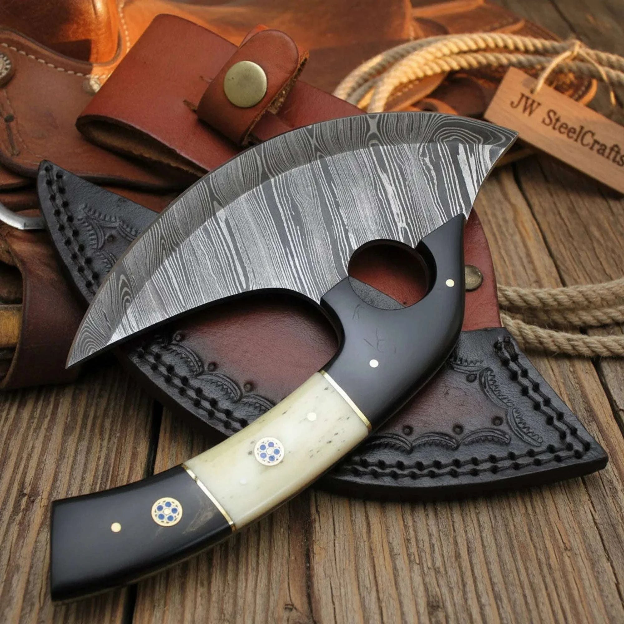Palmarius Outdoors Tivoli Ulu Knife with Black and White Split Resin Handle Ulu knife
