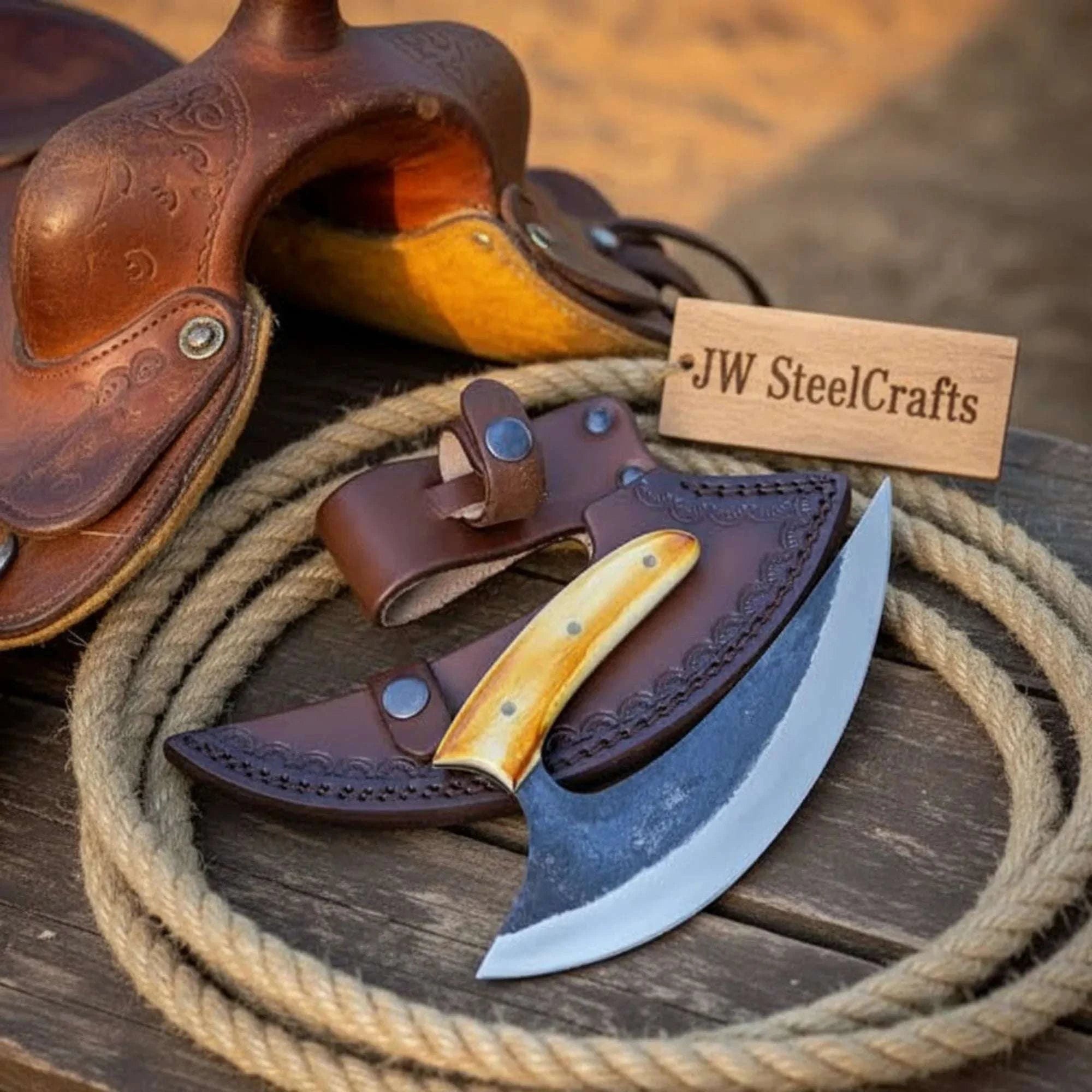 Palmarius Outdoors T-Handle Ulu Skinner Pakka Wood Handle Pizza Axe Kitchen Chopper Leather Sheath 