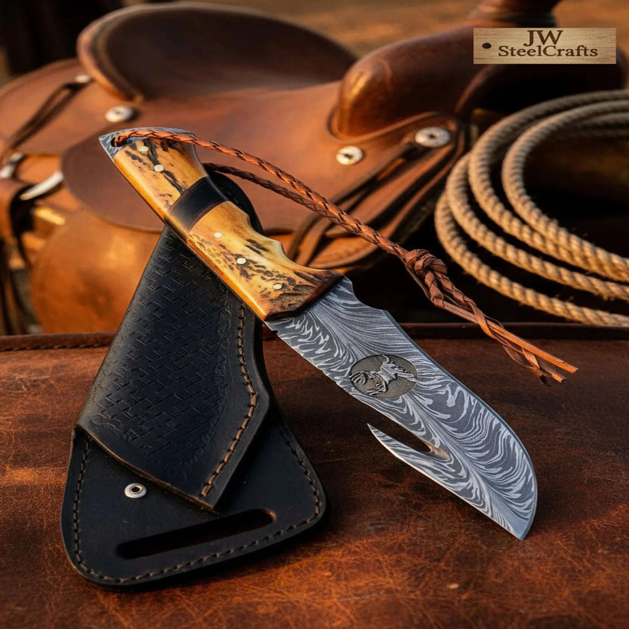 Palmarius Outdoors Damascus Gut Hook Knife with Feather Pattern Blade and Stag Horn Handle Handmade Gut Hook Knives