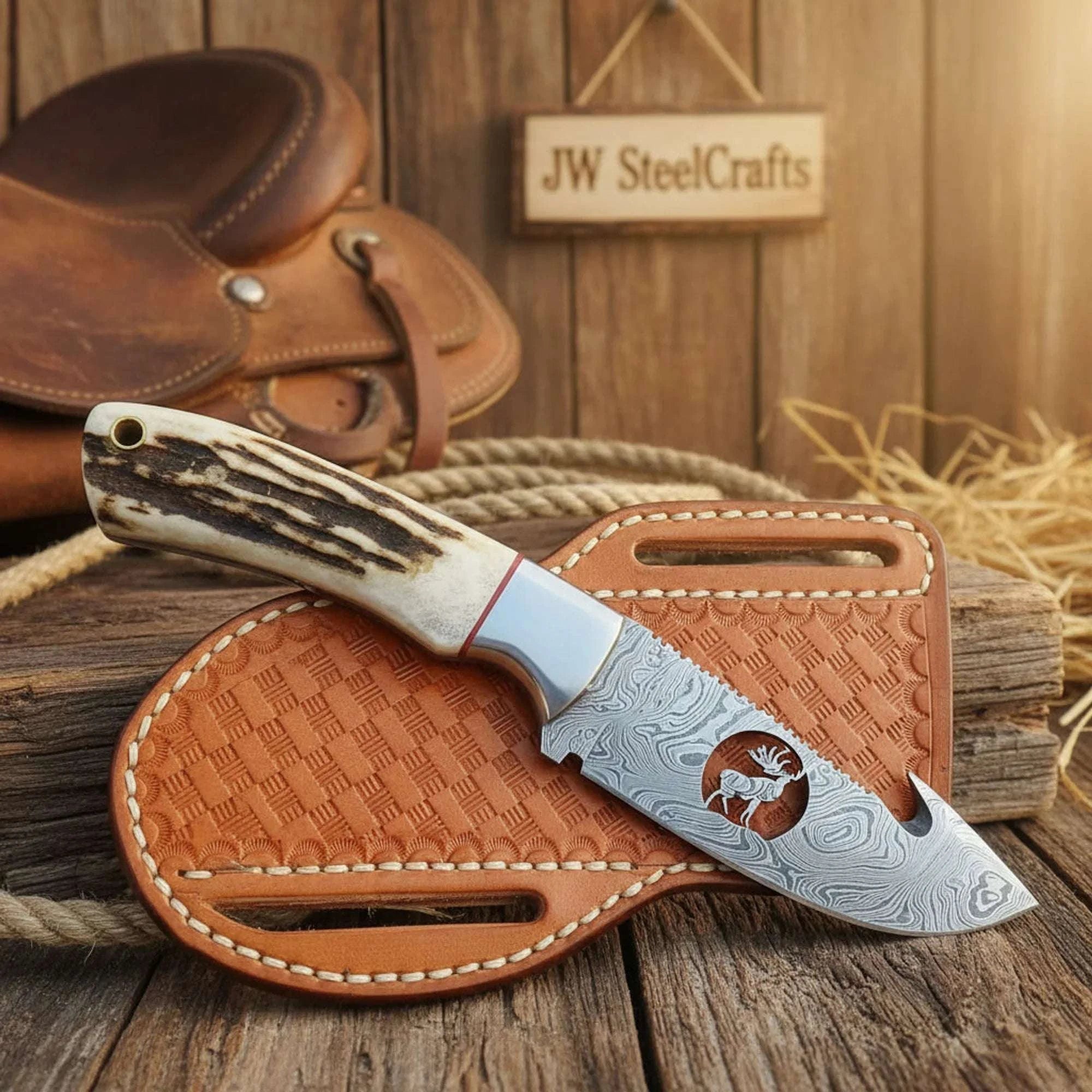 Palmarius Outdoors Wirecut Guthook Knife with Synthetic Stag Horn Handle and Deer Engraving Handmade Gut Hook Knives