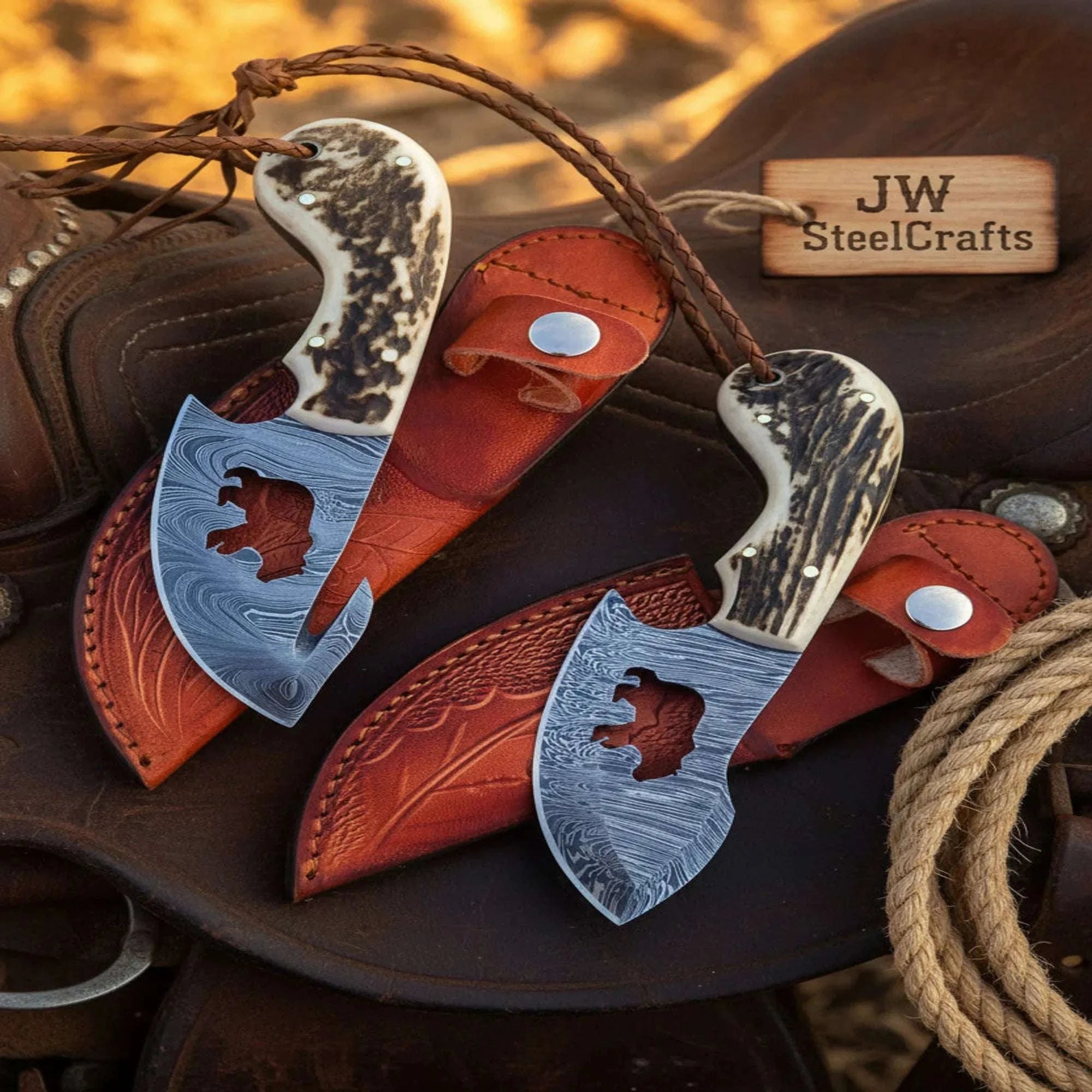 Palmarius Outdoors Ridgeline Gut Hook Skinner Knife Set of 2 Stag Antler Handle Bear Engraved Full Tang Skinner Handmade Gut Hook Knives