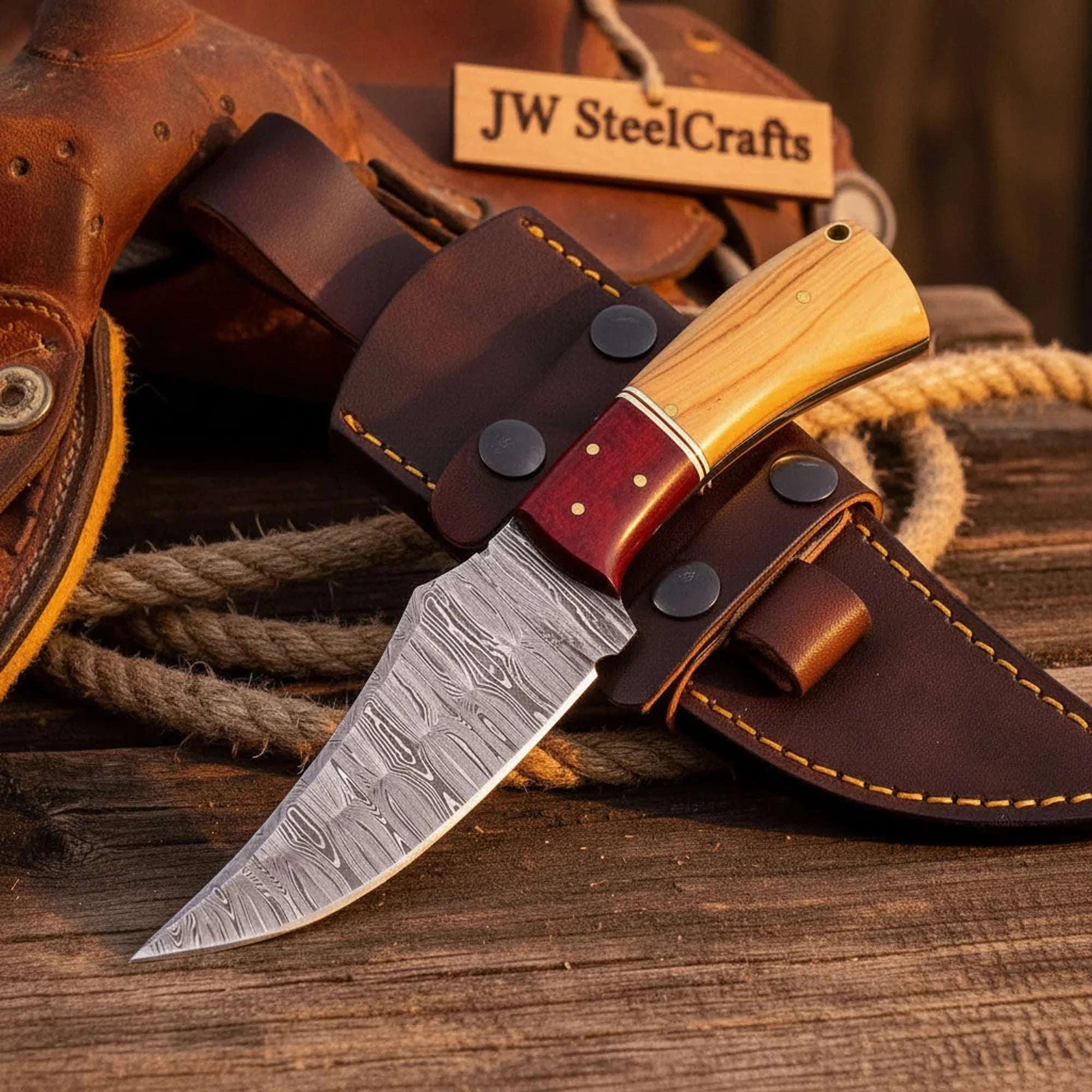 Palmarius Outdoors Upswept Skinning Knife with Olive Wood and Red Pakka Wood Handle Skinner Knife
