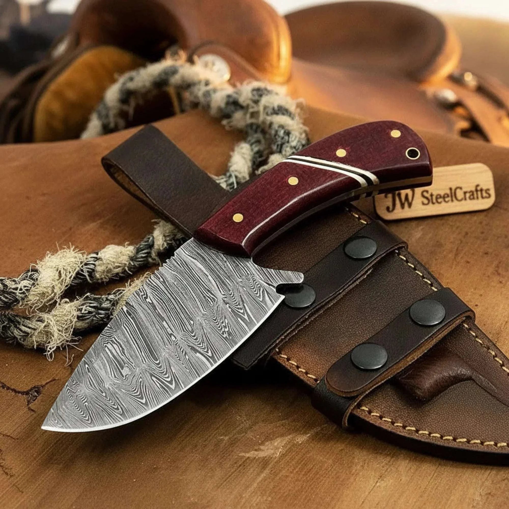 Palmarius Outdoors Damascus Wide-Belly Skinner with Red Micarta Handle Skinner Knife