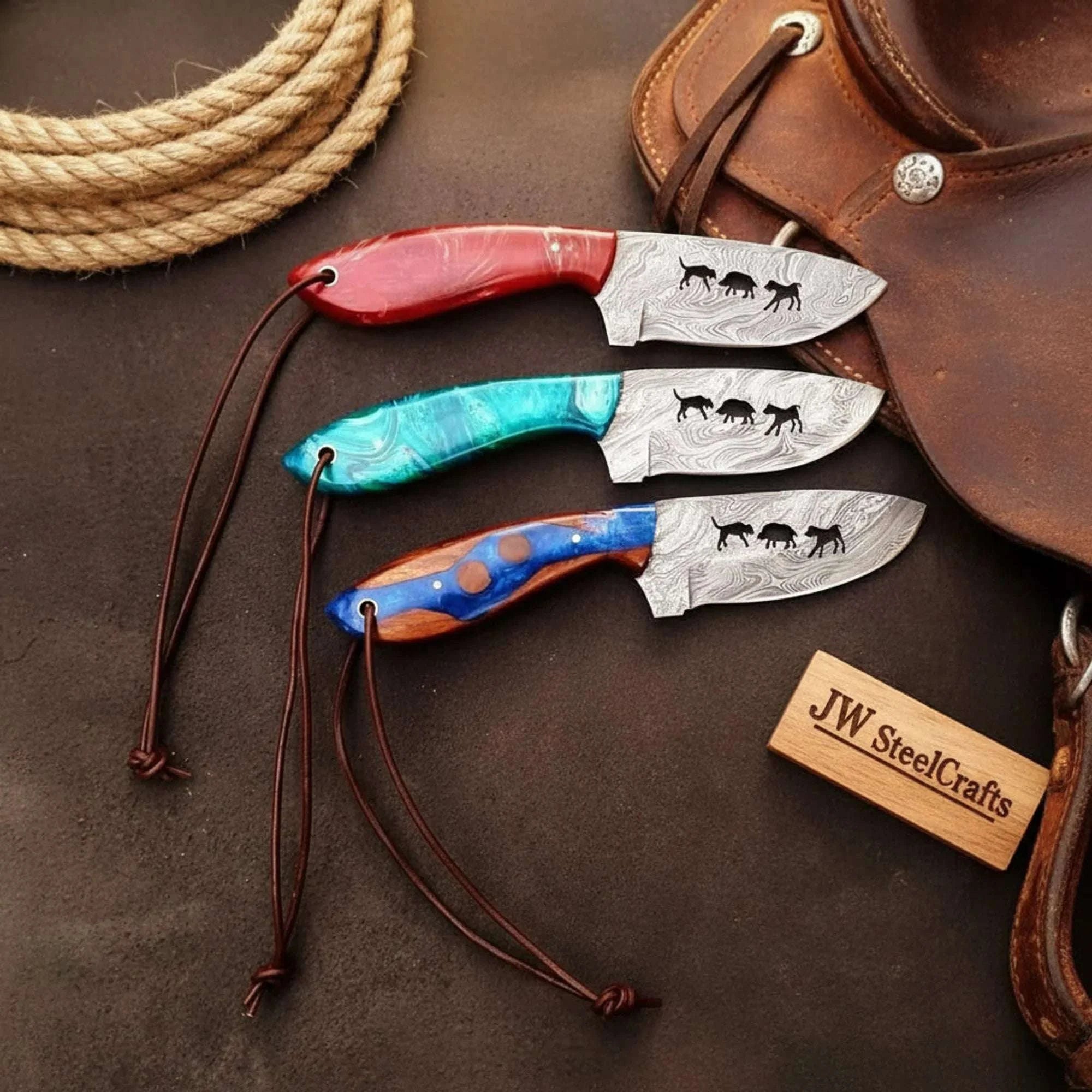 Palmarius Outdoors Damascus Hog Hunting Knife Set 3 Full Tang Knives | JW Steelcrafts 