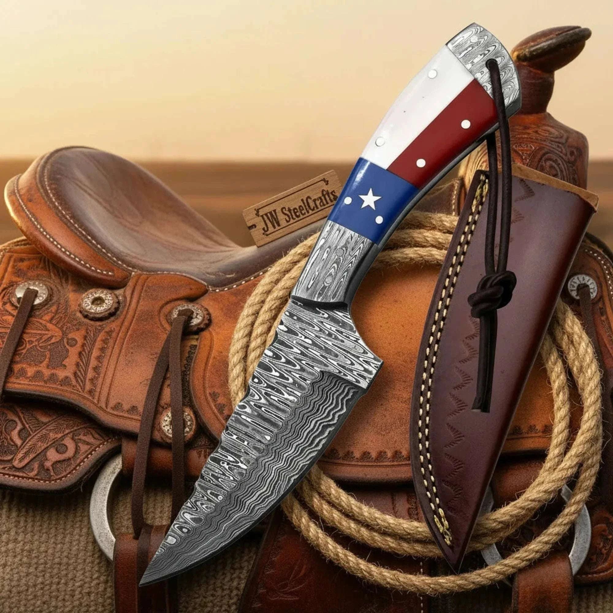 Palmarius Outdoors Texas Flag Lone Star Skinner Knife with Damascus Steel Blade Skinner Knife