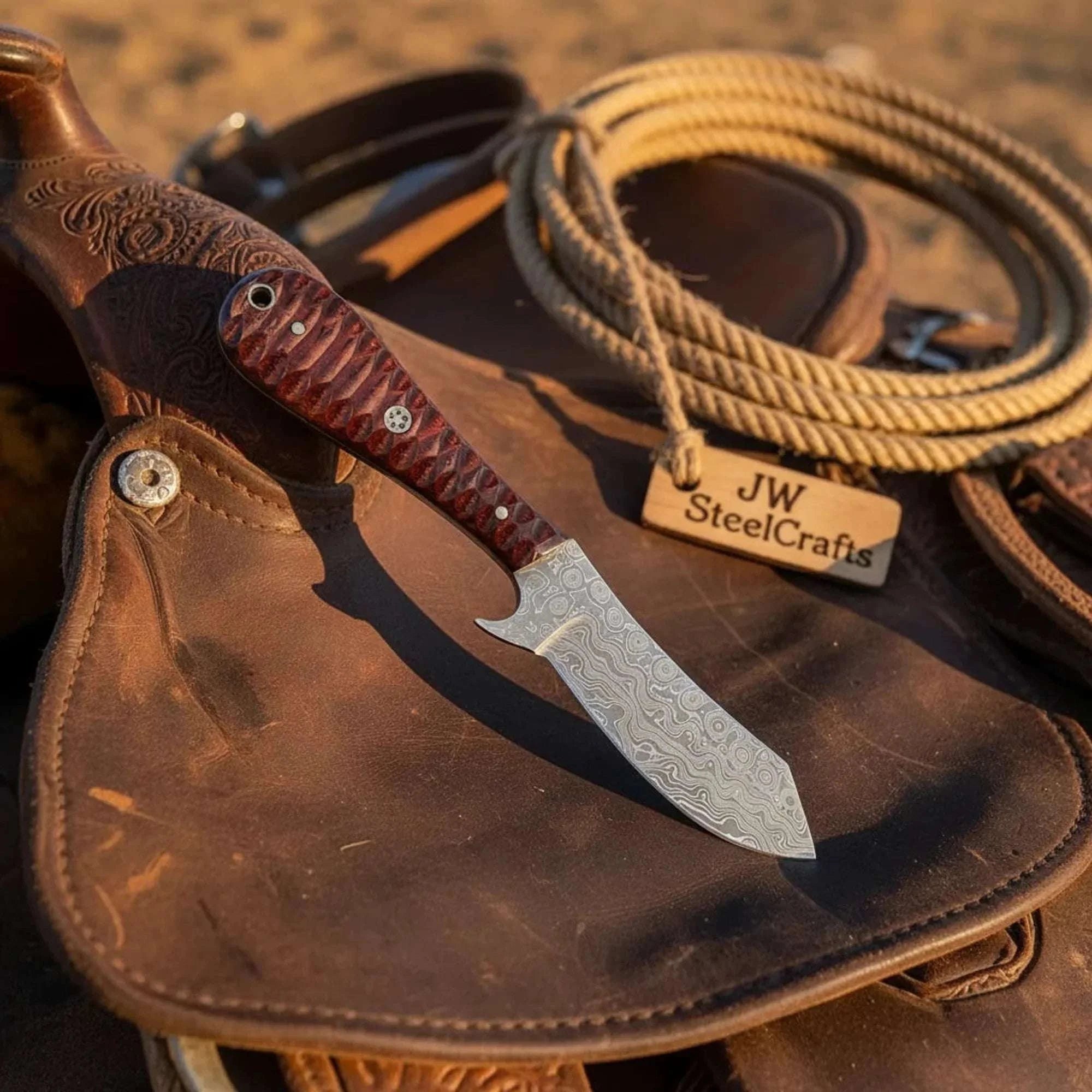Palmarius Outdoors Damascus Bull Cutter Knife 7" Full Tang with Red Micarta Handle 