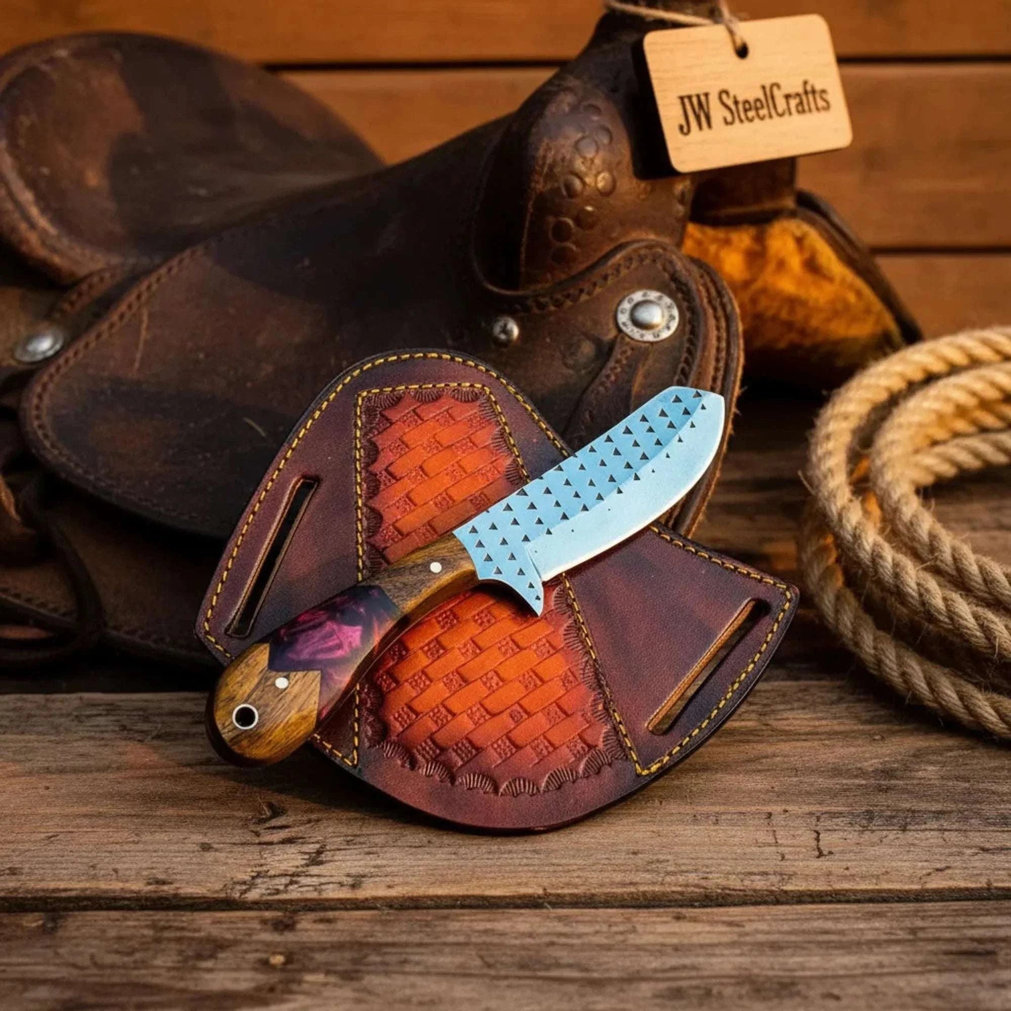 Palmarius Outdoors Rasp Steel Resin-Wood Bull Cutter Knife with Cross Draw Sheath Hunting Knife