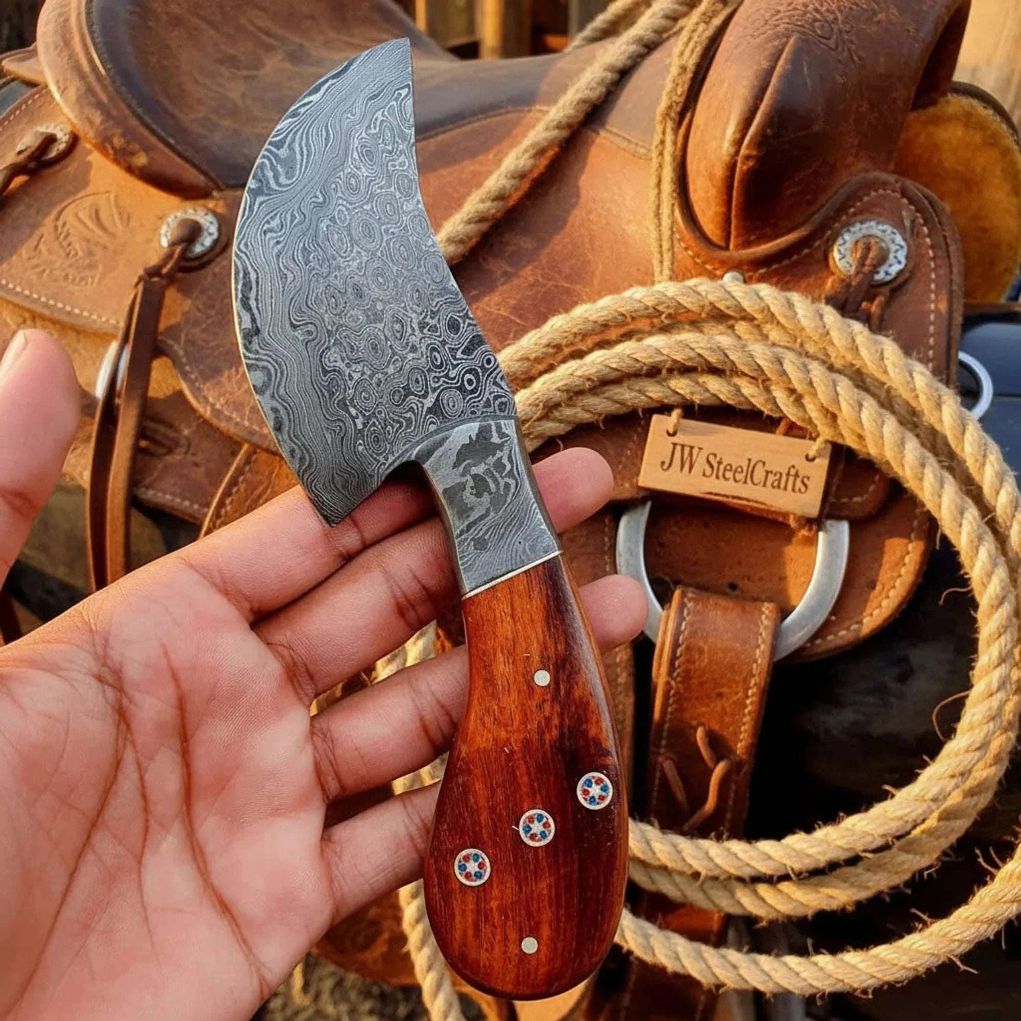 Palmarius Outdoors Hand Forged Damascus Skinner knife Cleaver Blade Rosewood Handle Full Tang Western 7" Sheath 