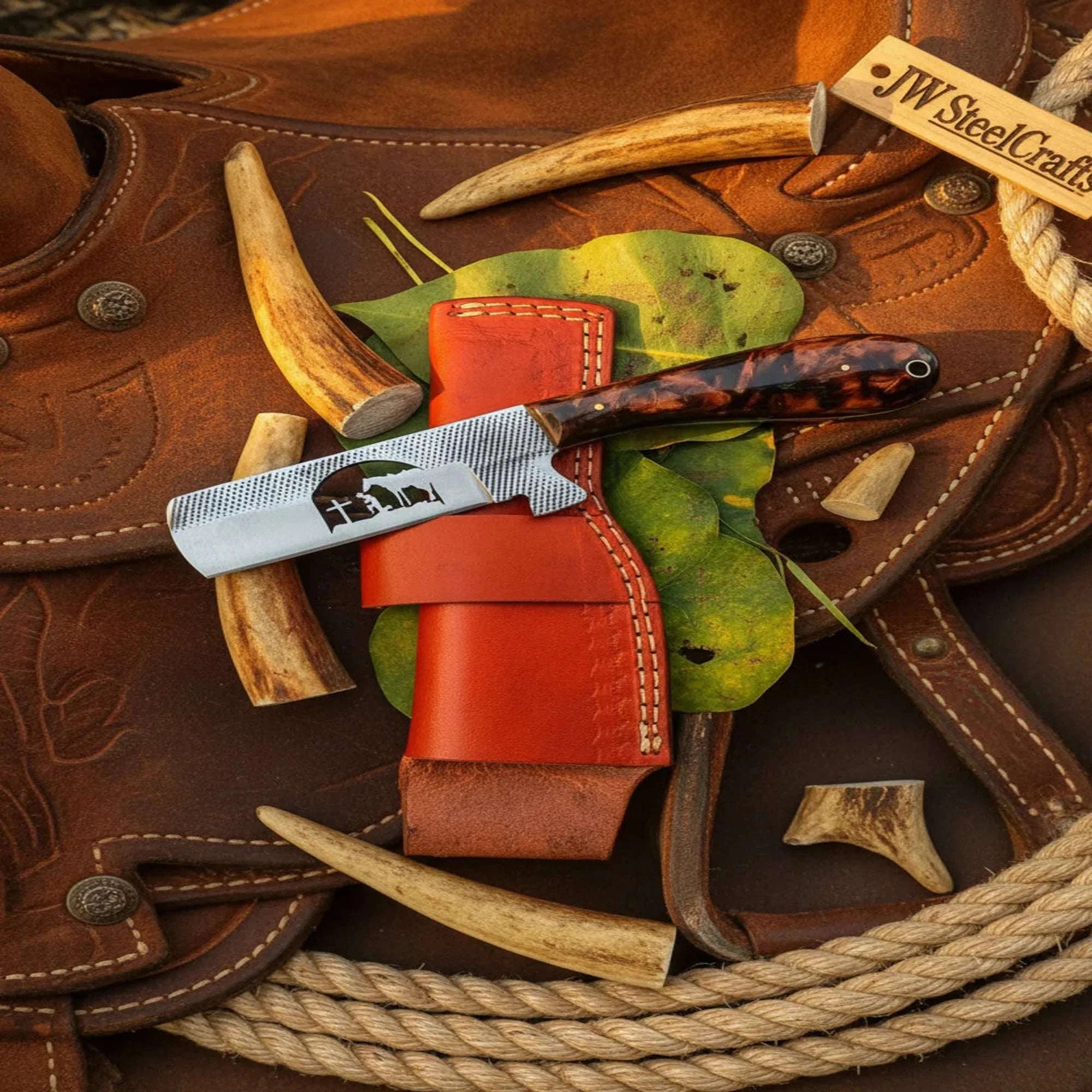 Palmarius Outdoors Rasp Straight Cowboy Cleaver Knife with Resin Handle, 7 Inch Handmade Blade 