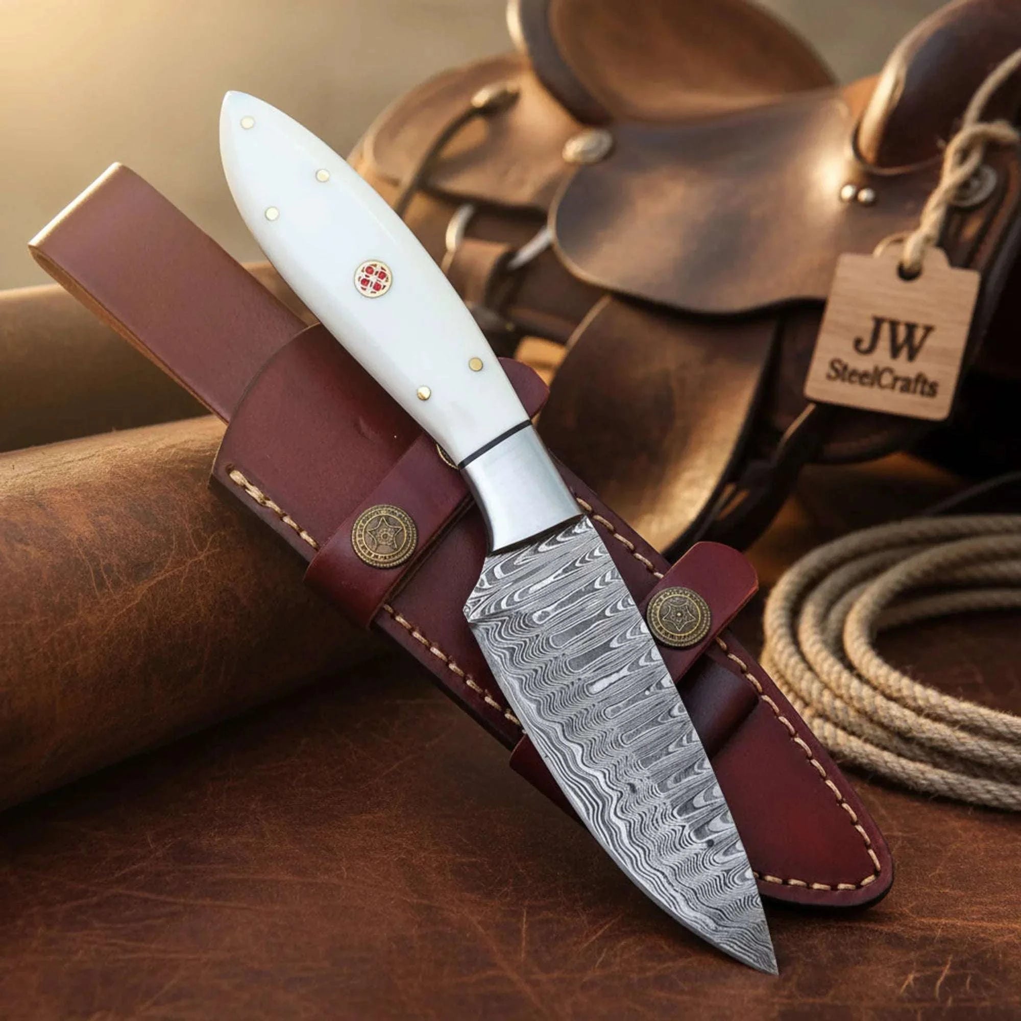 Palmarius Outdoors Ivory Trail Cowboy Knife 8" Camel Bone Handle Steel Bolster Full Tang Western Skinner Sheath Skinner Knife
