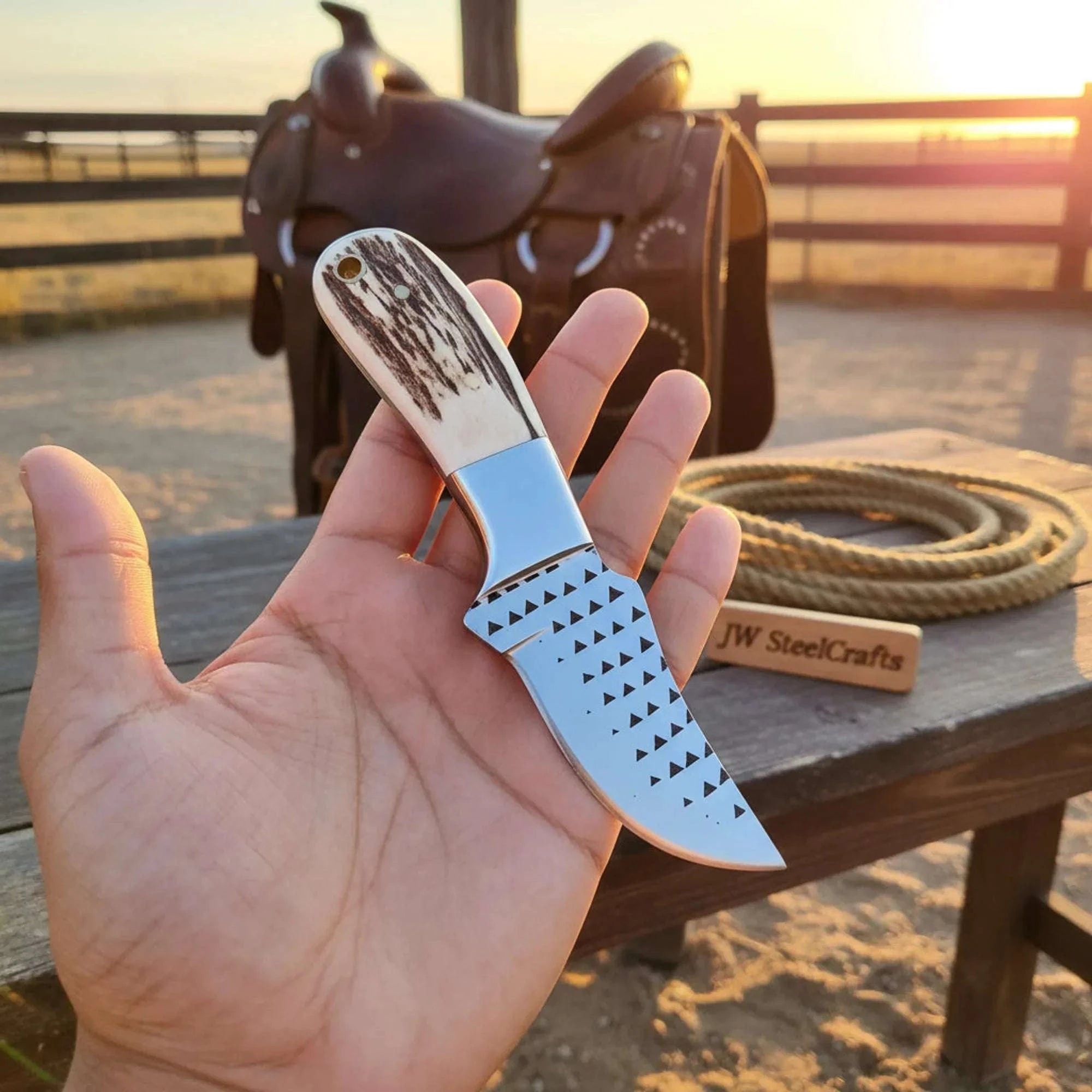 Palmarius Outdoors Rasp Steel Cowboy Knife Rasp Steel Stag Horn Handle Steel Bolster Western 5" 