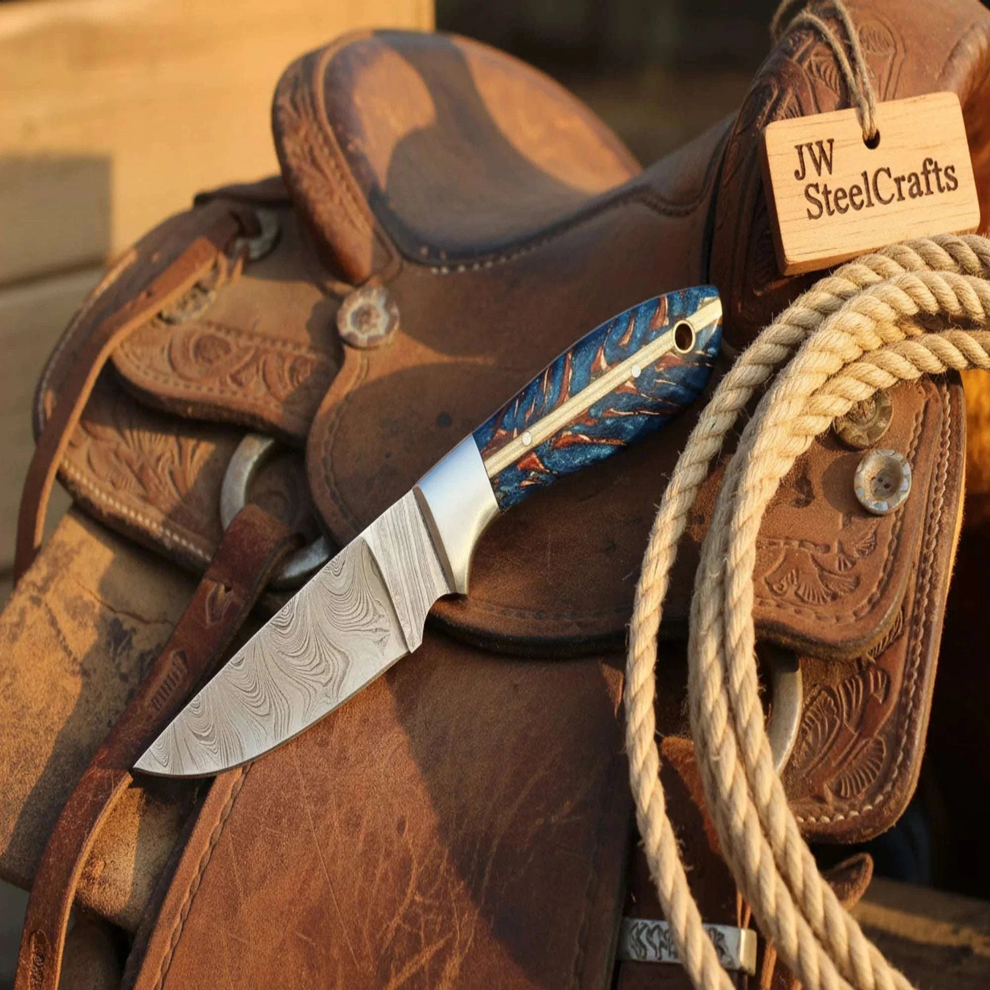 Palmarius Outdoors Damascus Skinner Knife with Blue Pinecone Handle, 7" Fixed Blade 