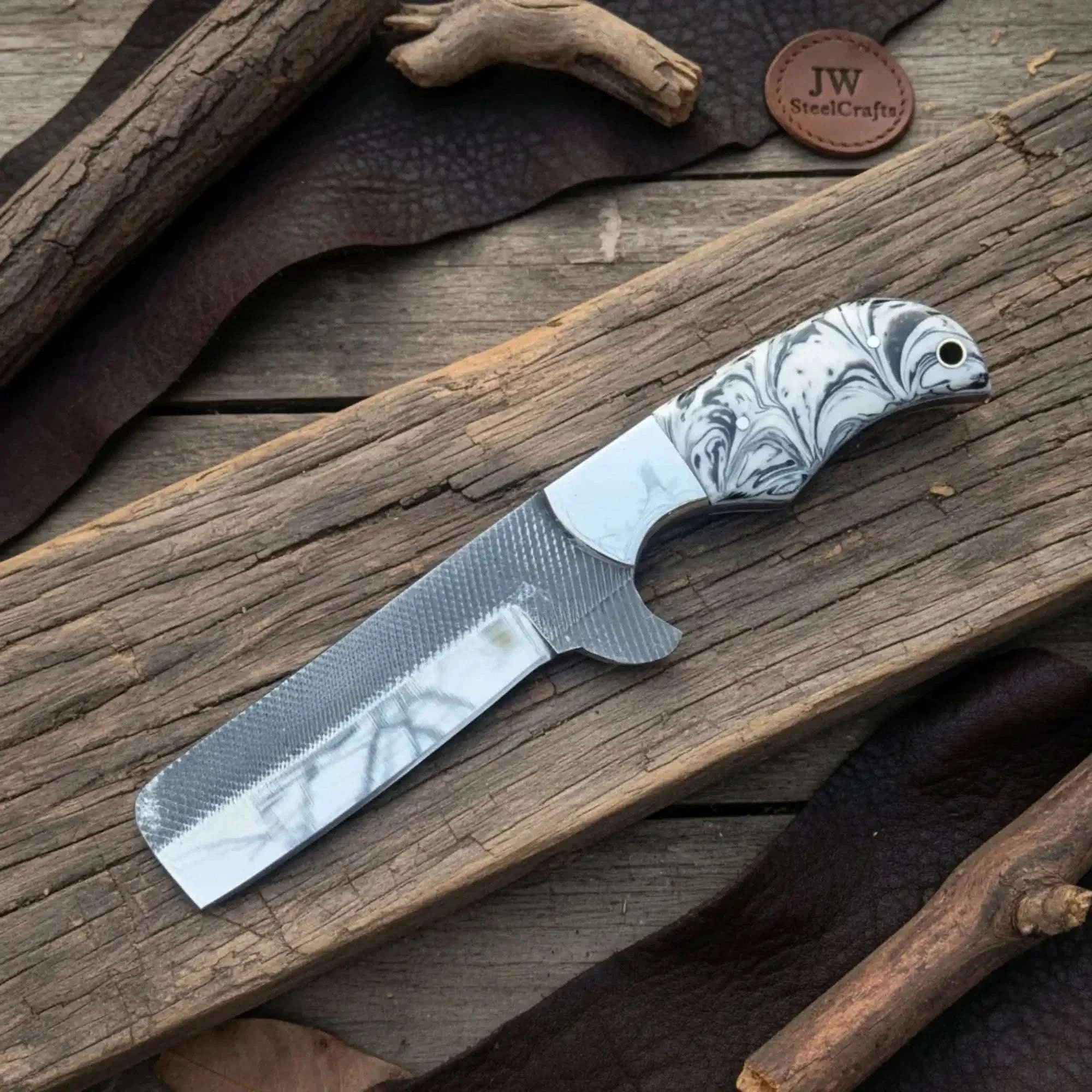 Palmarius Outdoors Rasp Steel Bull Cutter Knife 7" White and Black Marble Resin Handle Survival Knife
