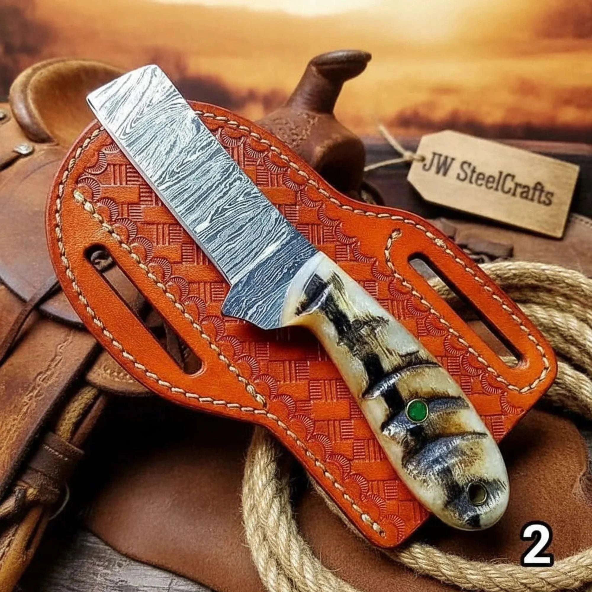 Palmarius Outdoors Handmade Damascus Steel Bull Cutter Knife 8" with Ram Horn Handle & Tooled Leather Sheath 