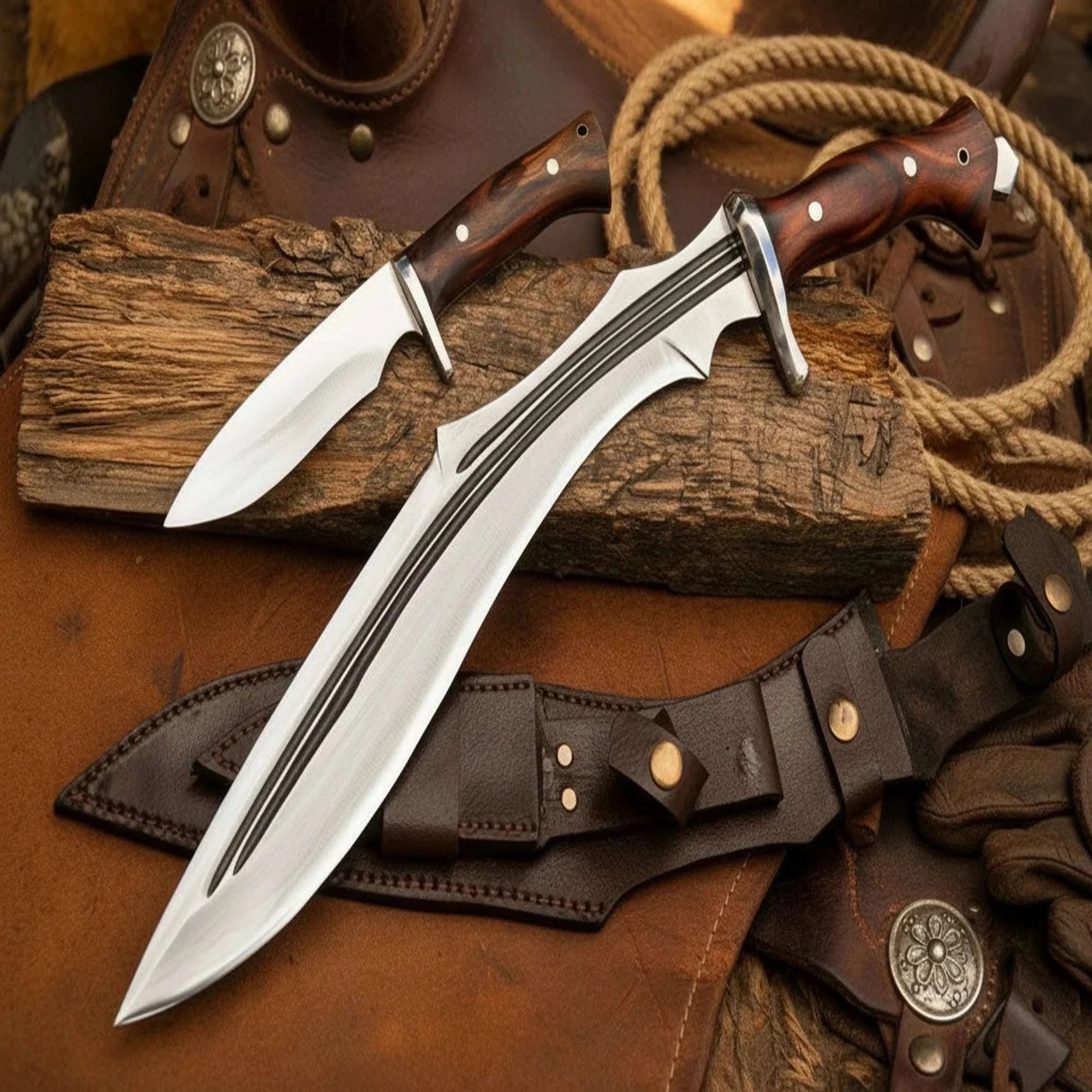 Palmarius Outdoors Pronged Kukri Machete with MUK Knife with Wood Handle Kukri Knife