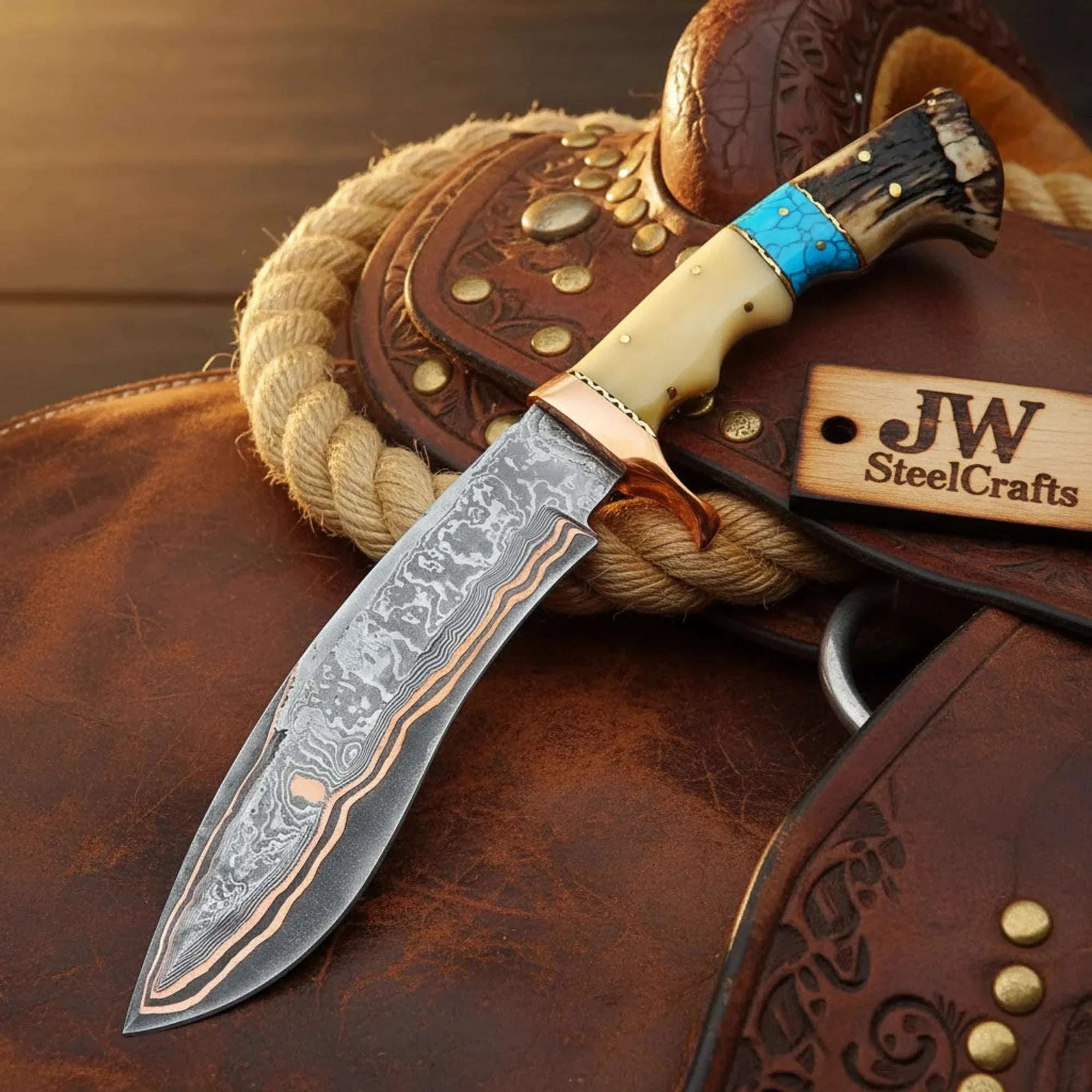 Palmarius Outdoors Handmade San Mai Damascus Knife Copper Kukri with Camel Bone Handle 