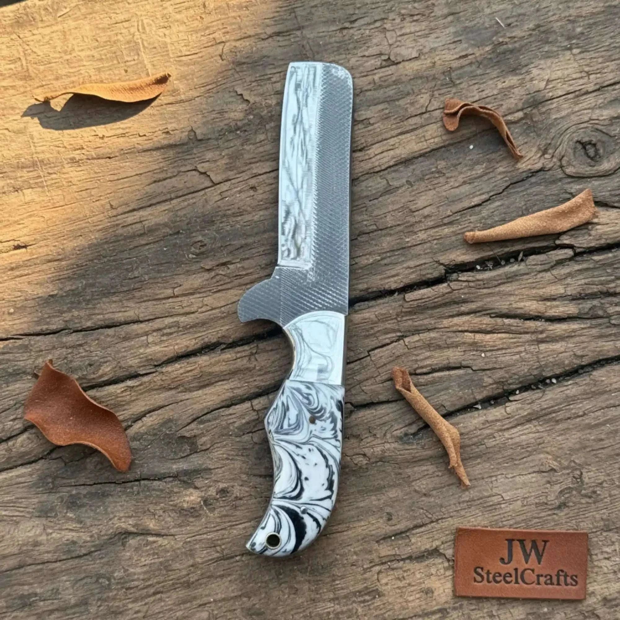 Palmarius Outdoors Rasp Steel Bull Cutter Knife 7" White and Black Marble Resin Handle Survival Knife