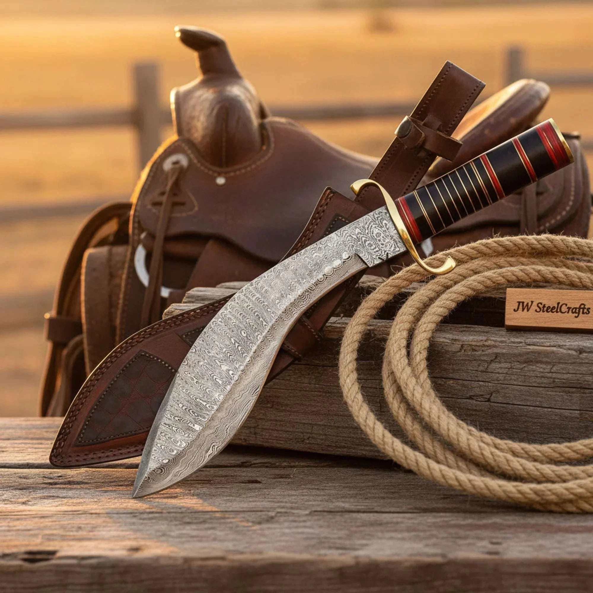 Palmarius Outdoors Wrangler's Forge Kukri Knife 16" Black Resin Handle Brass Red Fiber Spacer Leather Sheath Kukri Knife