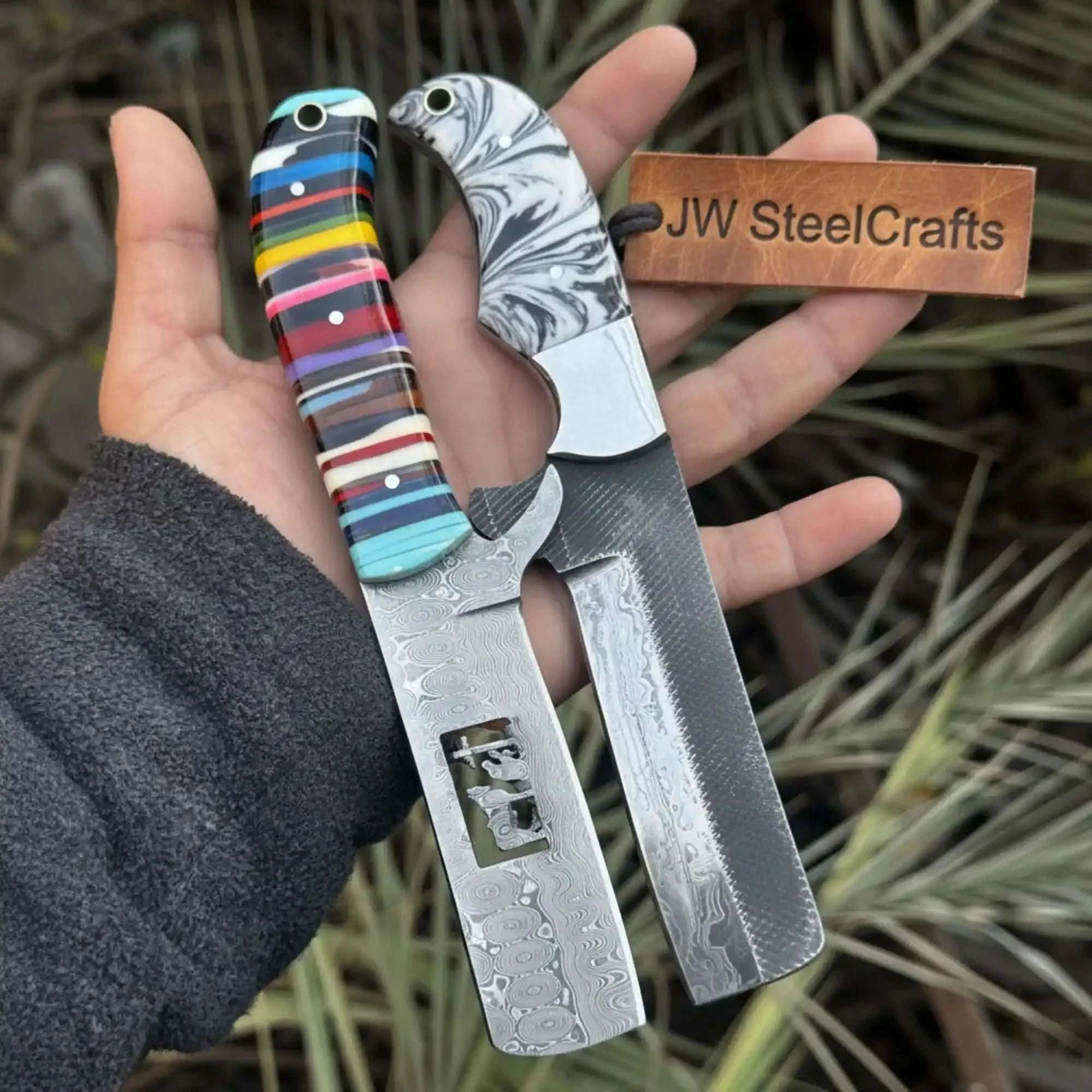 Palmarius Outdoors 2-Piece Fixed Blade Knives Rasp Steel Cleaver Rainbow Resin Handle Bowie Knife