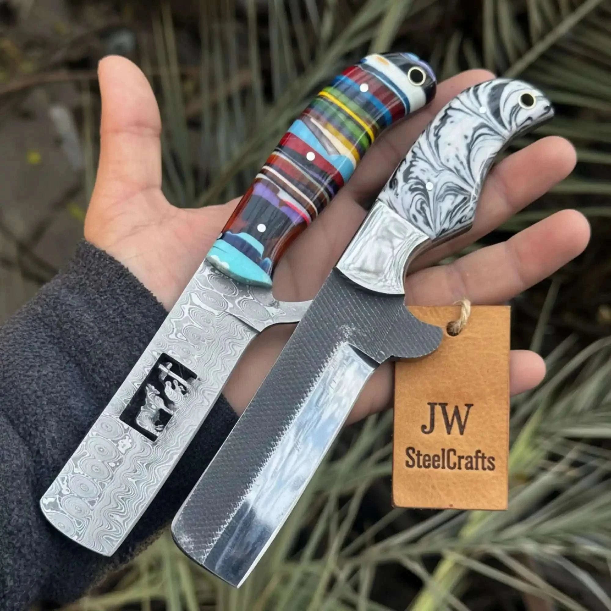 Palmarius Outdoors 2-Piece Fixed Blade Knives Rasp Steel Cleaver Rainbow Resin Handle Bowie Knife